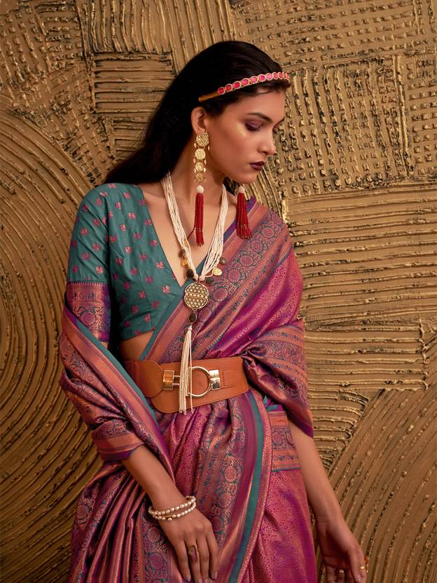 Pink Elegant Banarasi Silk Blend Woven Saree with Tassel Detailing