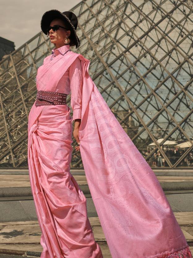 Pink Elegant Banarasi Silk Blend Woven Saree with Tassel Detailing