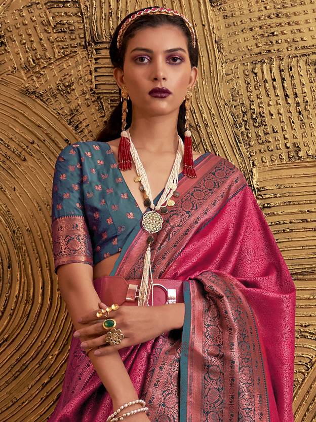 Pink Elegant Banarasi Silk Blend Woven Saree with Tassel Detailing