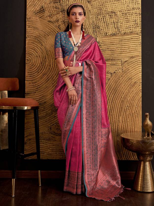 Pink Elegant Banarasi Silk Blend Woven Saree with Tassel Detailing