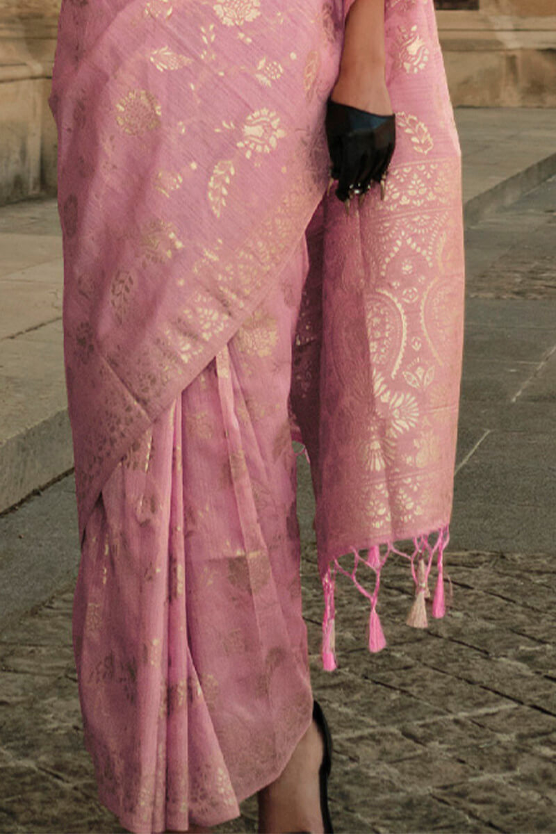 Pink Elegant Banarasi Silk Saree with Zari Weaving Blouse Pieces