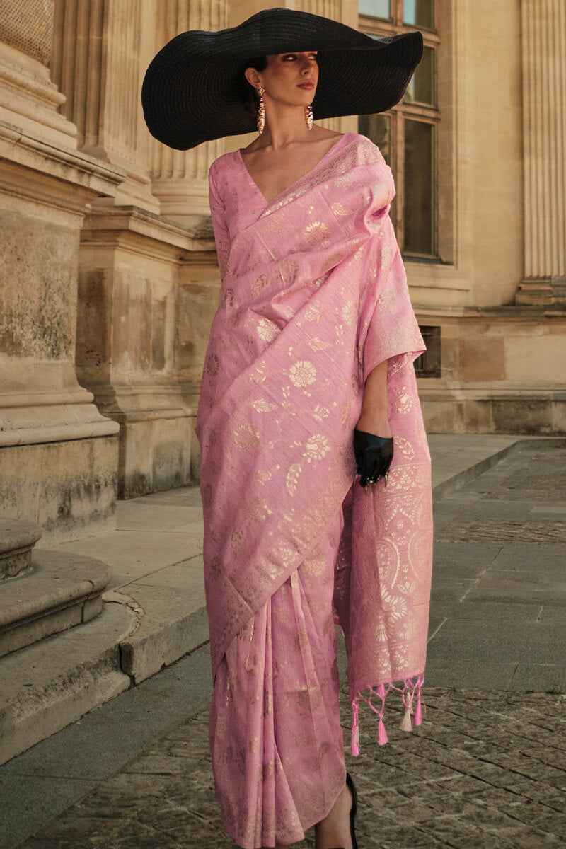 Pink Elegant Banarasi Silk Saree with Zari Weaving Blouse Pieces