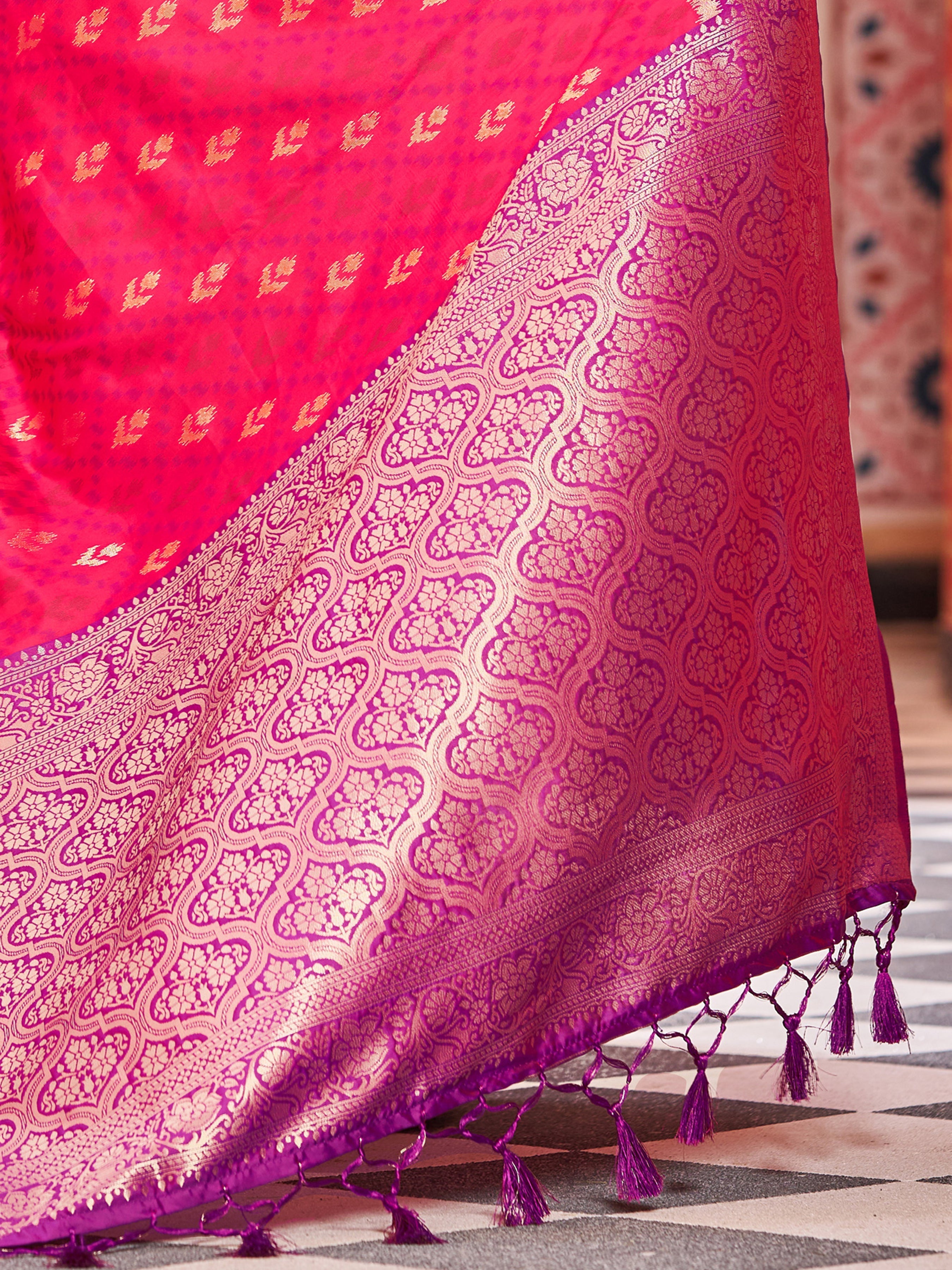 Pink Elegant Banarasi Tissue Silk Saree with Zari Woven Design