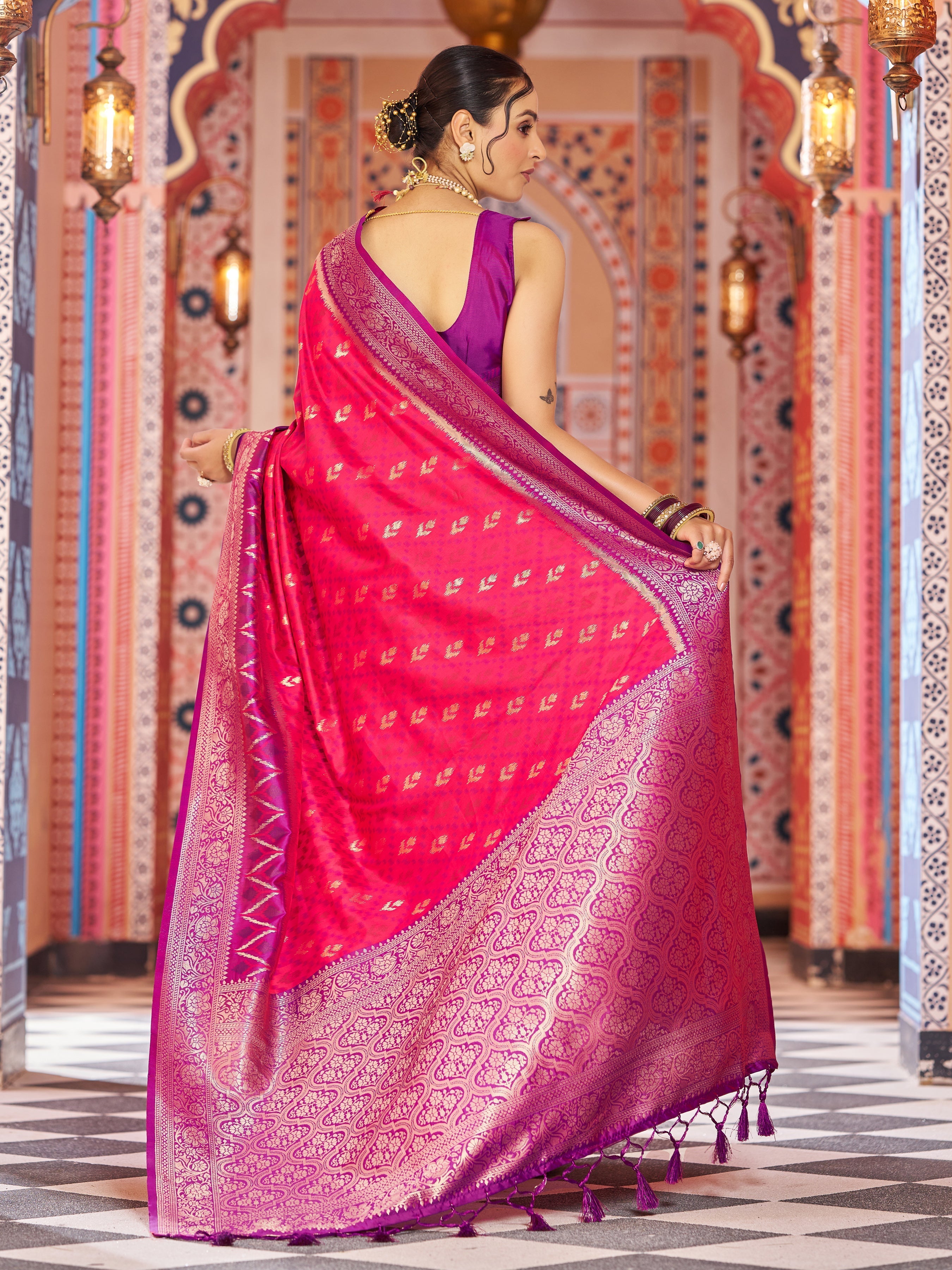 Pink Elegant Banarasi Tissue Silk Saree with Zari Woven Design