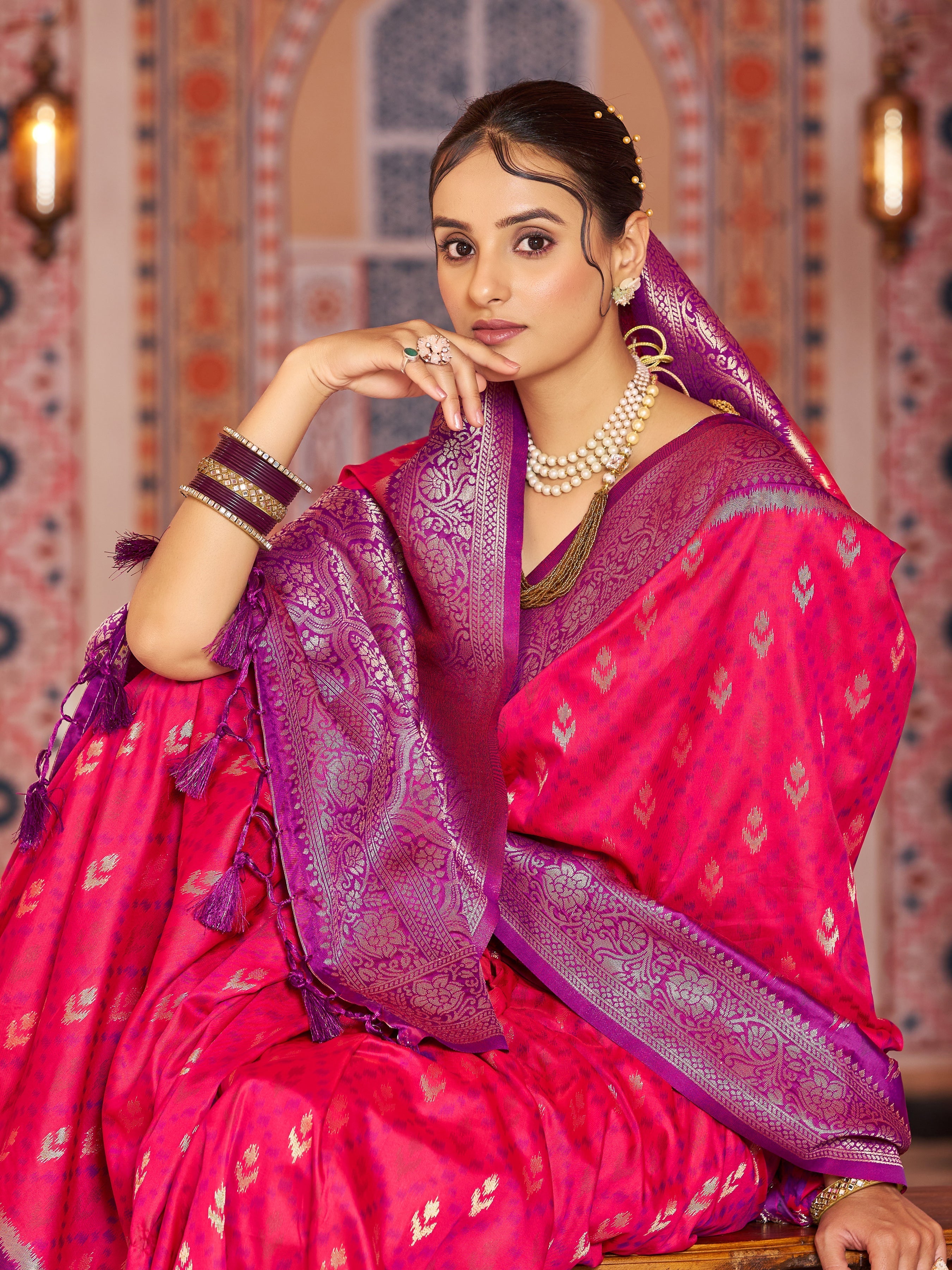 Pink Elegant Banarasi Tissue Silk Saree with Zari Woven Design