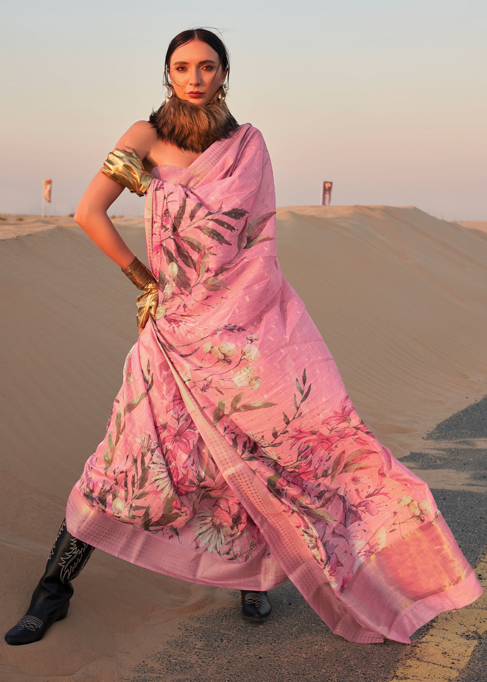 Pink Elegant Blended Linen Silk Saree – Breathable & Stylish for All Seasons
