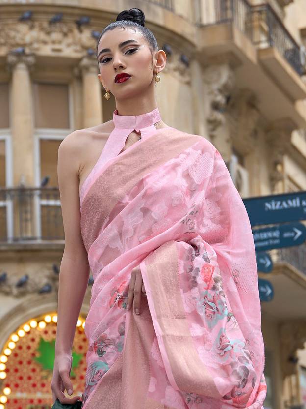 Pink Elegant Brasso Madurai Saree with Unstitched Blouse Piece