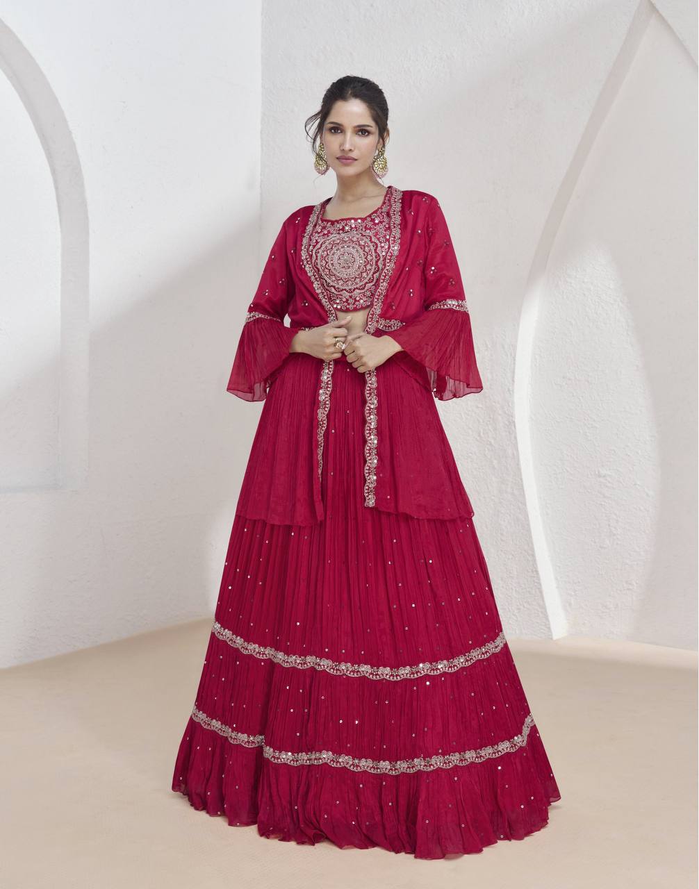 Pink Elegant Chinon Embroidered Lehenga Set with Jacket & Dupatta