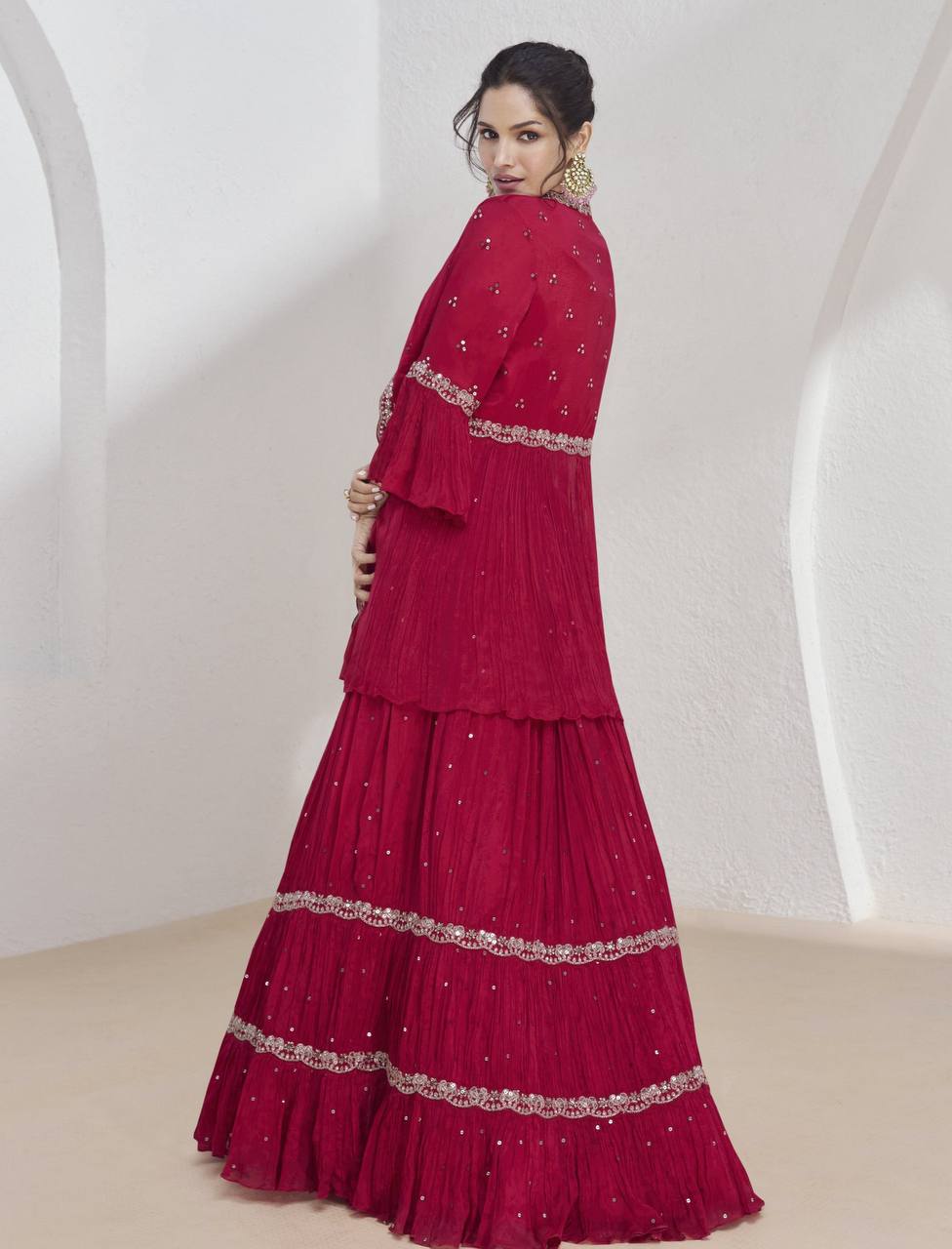 Pink Elegant Chinon Embroidered Lehenga Set with Jacket & Dupatta