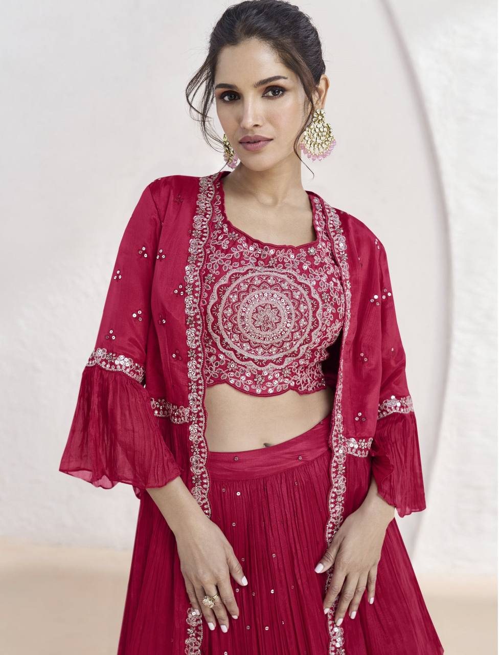 Pink Elegant Chinon Embroidered Lehenga Set with Jacket & Dupatta