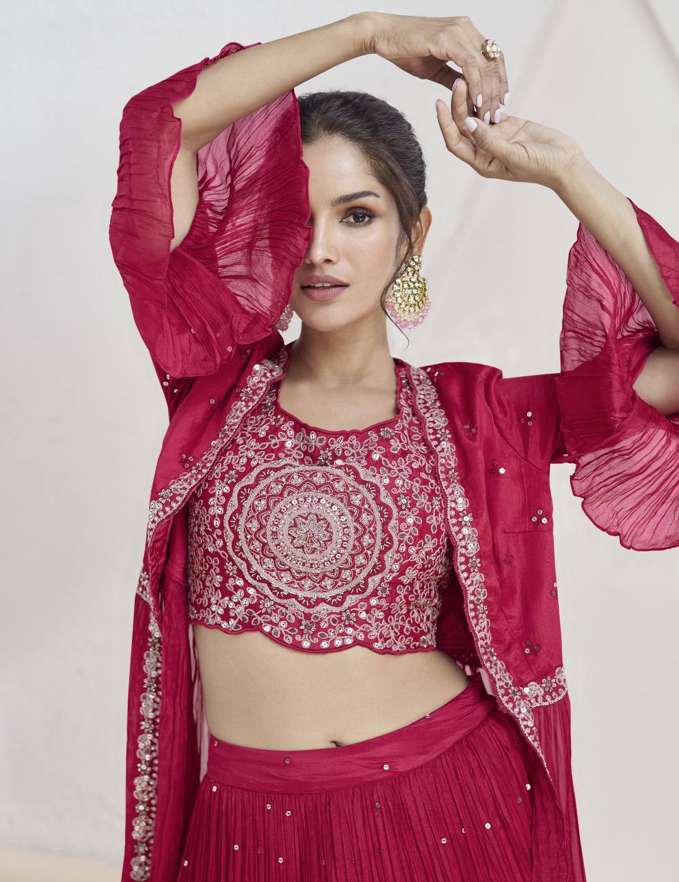 Pink Elegant Chinon Embroidered Lehenga Set with Jacket & Dupatta