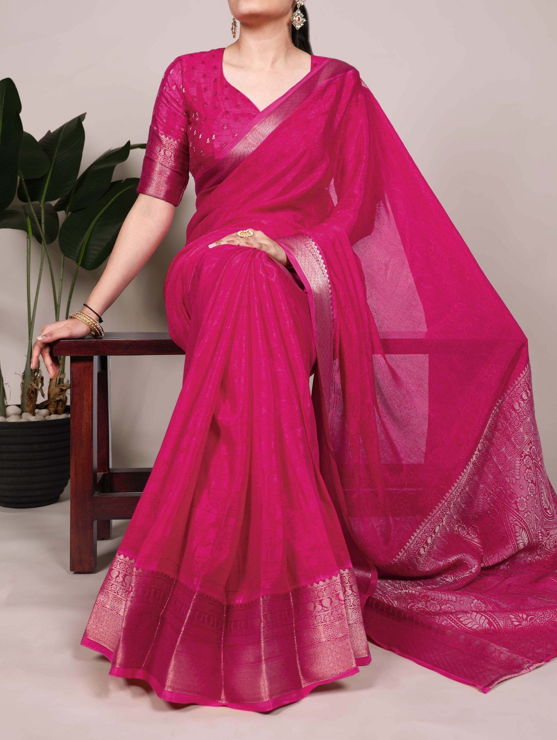 Pink Elegant Chinon Saree with Self Print & Zari Weaving Work Unstitched Blouse Included