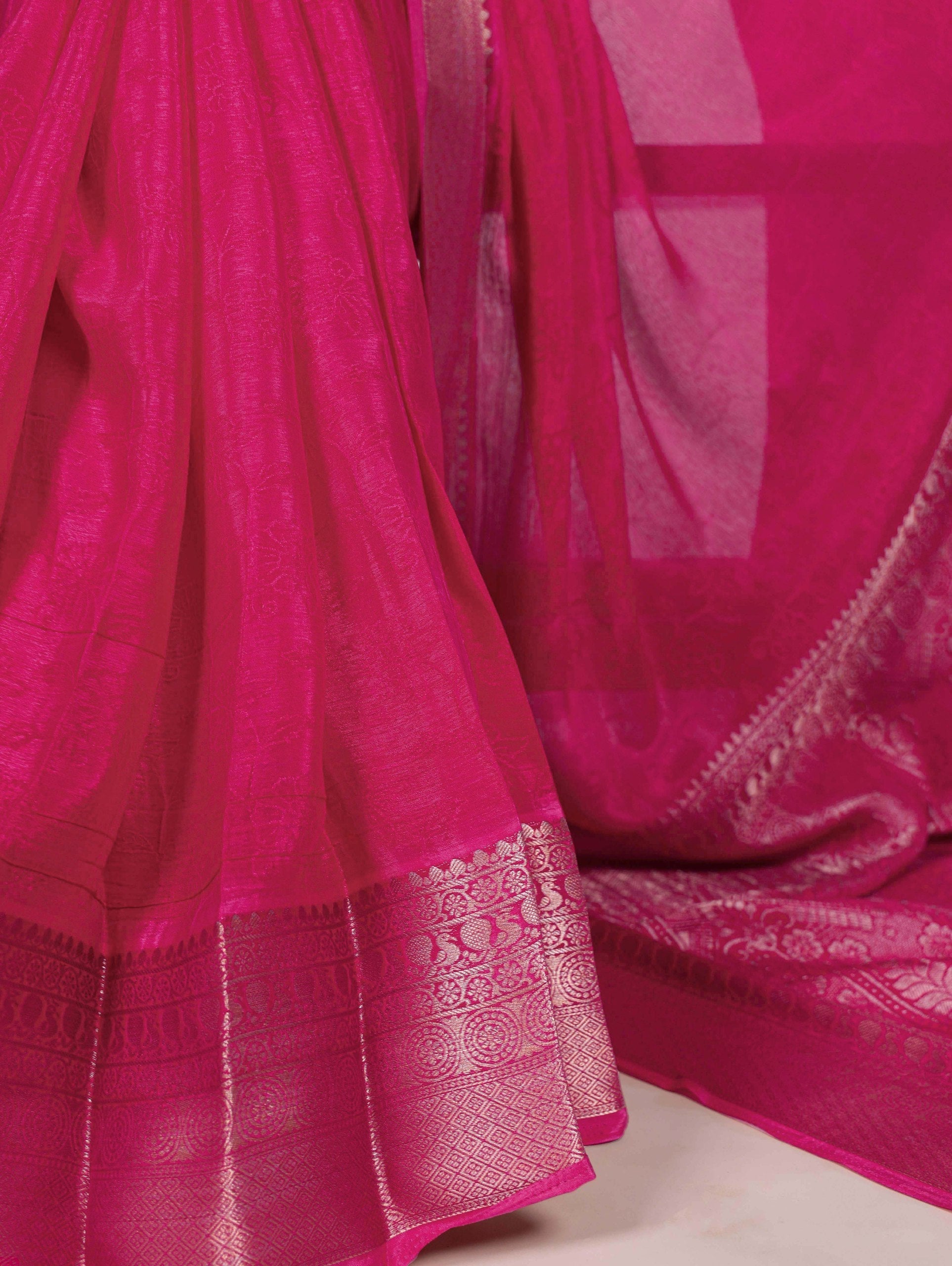 Pink Elegant Chinon Saree with Self Print & Zari Weaving Work Unstitched Blouse Included