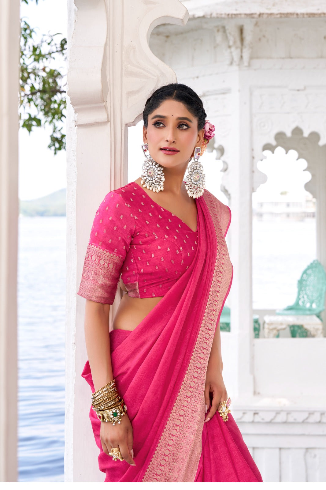 Pink Elegant Chinon Saree with Self Print & Zari Weaving Work Unstitched Blouse Included