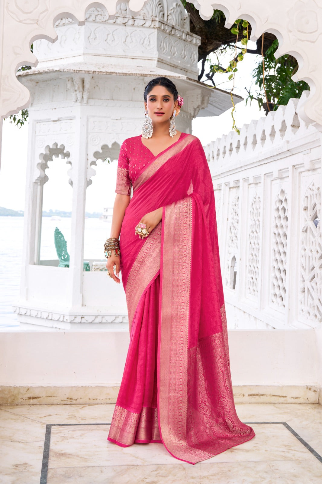 Pink Elegant Chinon Saree with Self Print & Zari Weaving Work Unstitched Blouse Included