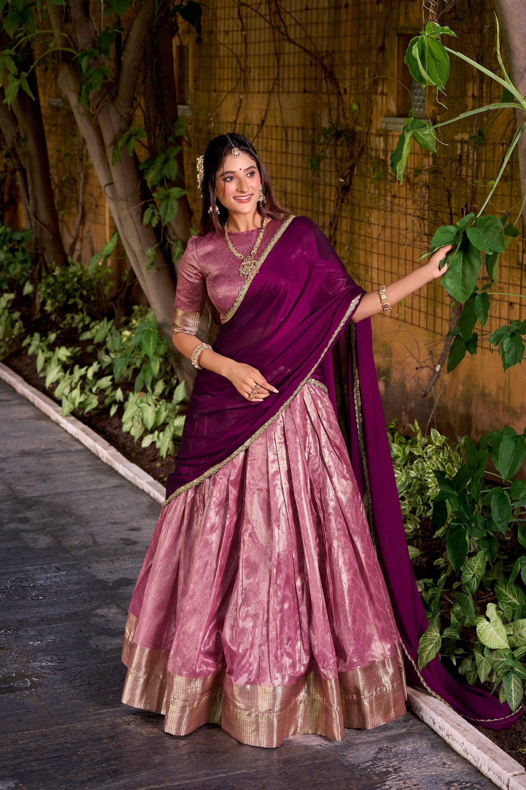 Pink Elegant Dupion Silk Stitched Lehenga with Zari Weaving Work, Unstitched Blouse & Zari Shimmer Dupatta