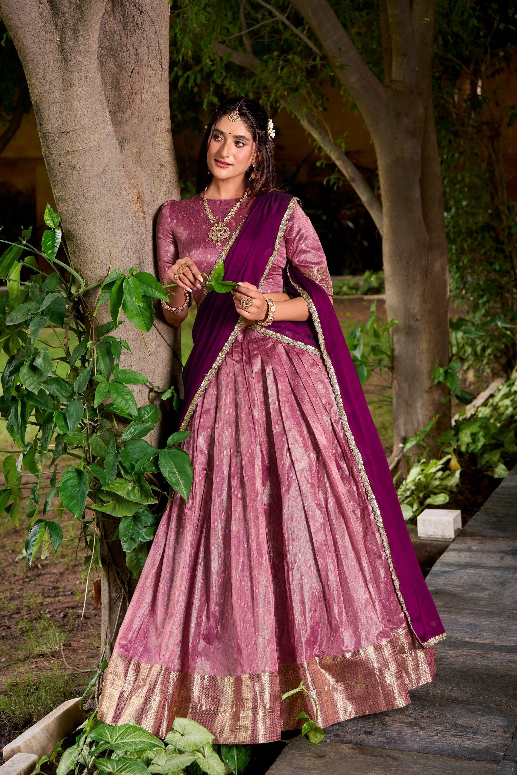 Pink Elegant Dupion Silk Stitched Lehenga with Zari Weaving Work, Unstitched Blouse & Zari Shimmer Dupatta