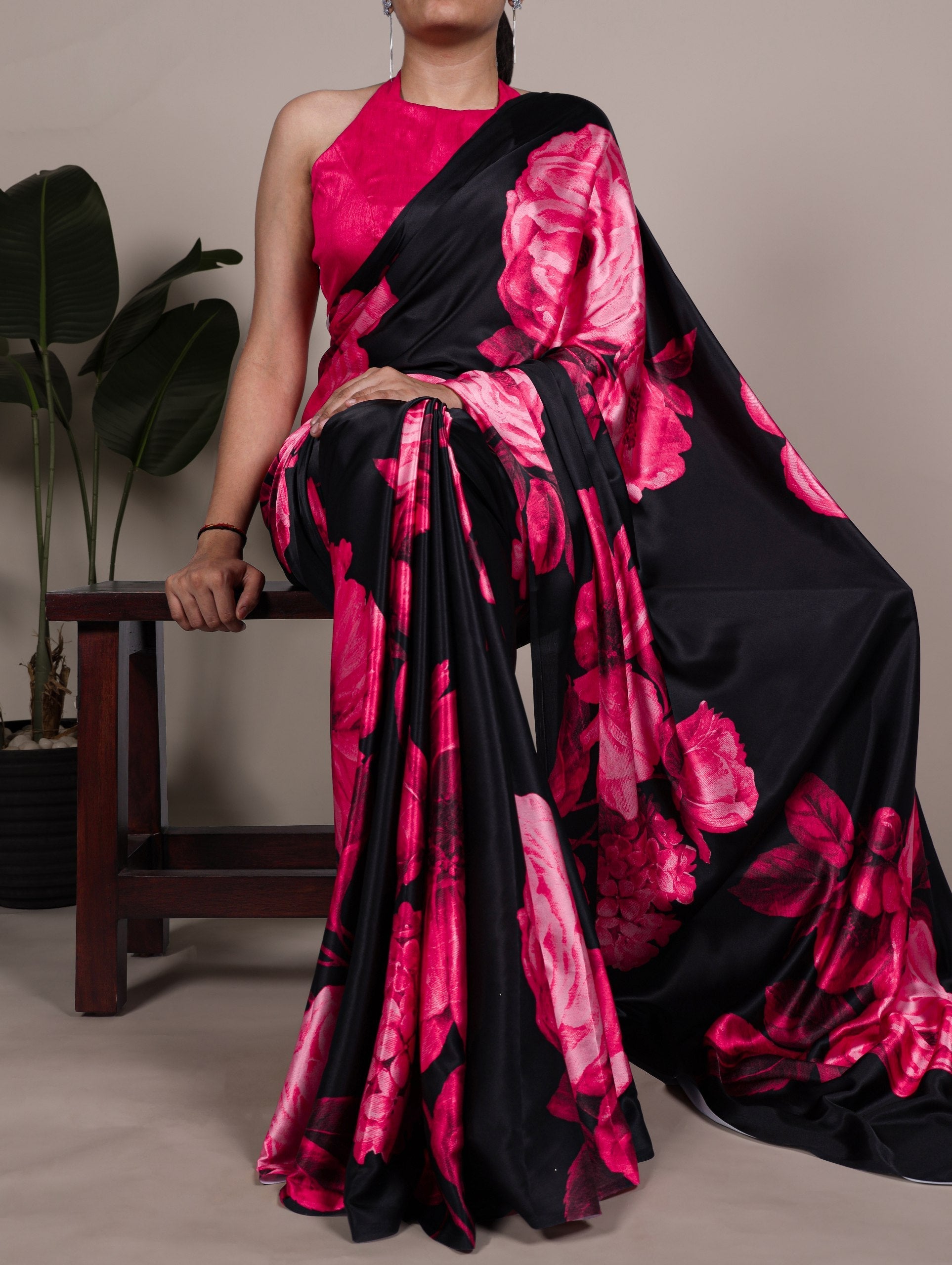 Pink Elegant Floral Print Satin Silk Saree with Plain Banglory Blouse Piece