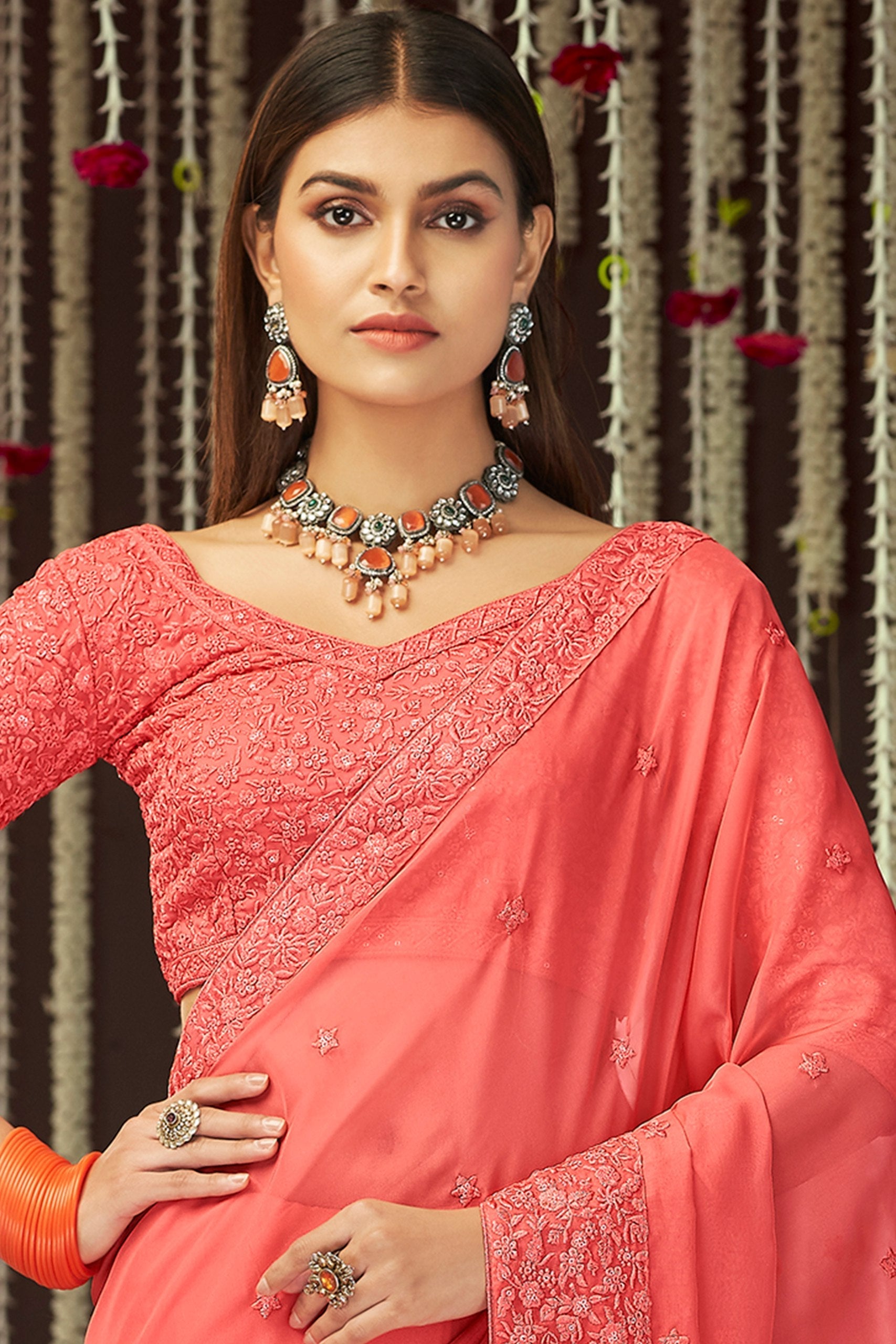 Pink Elegant Georgette Embroidered Saree with Sequins Work – Unstitched Blouse Included