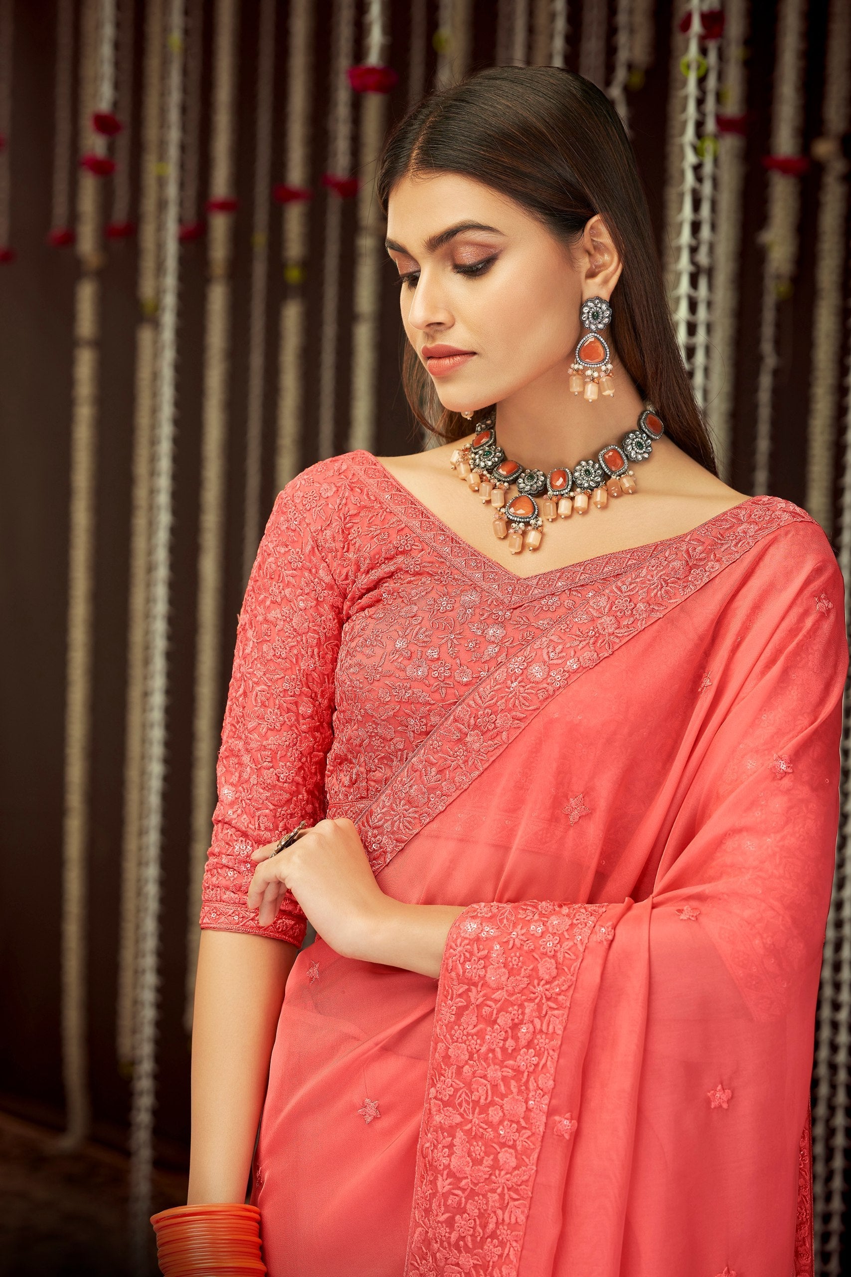 Pink Elegant Georgette Embroidered Saree with Sequins Work – Unstitched Blouse Included