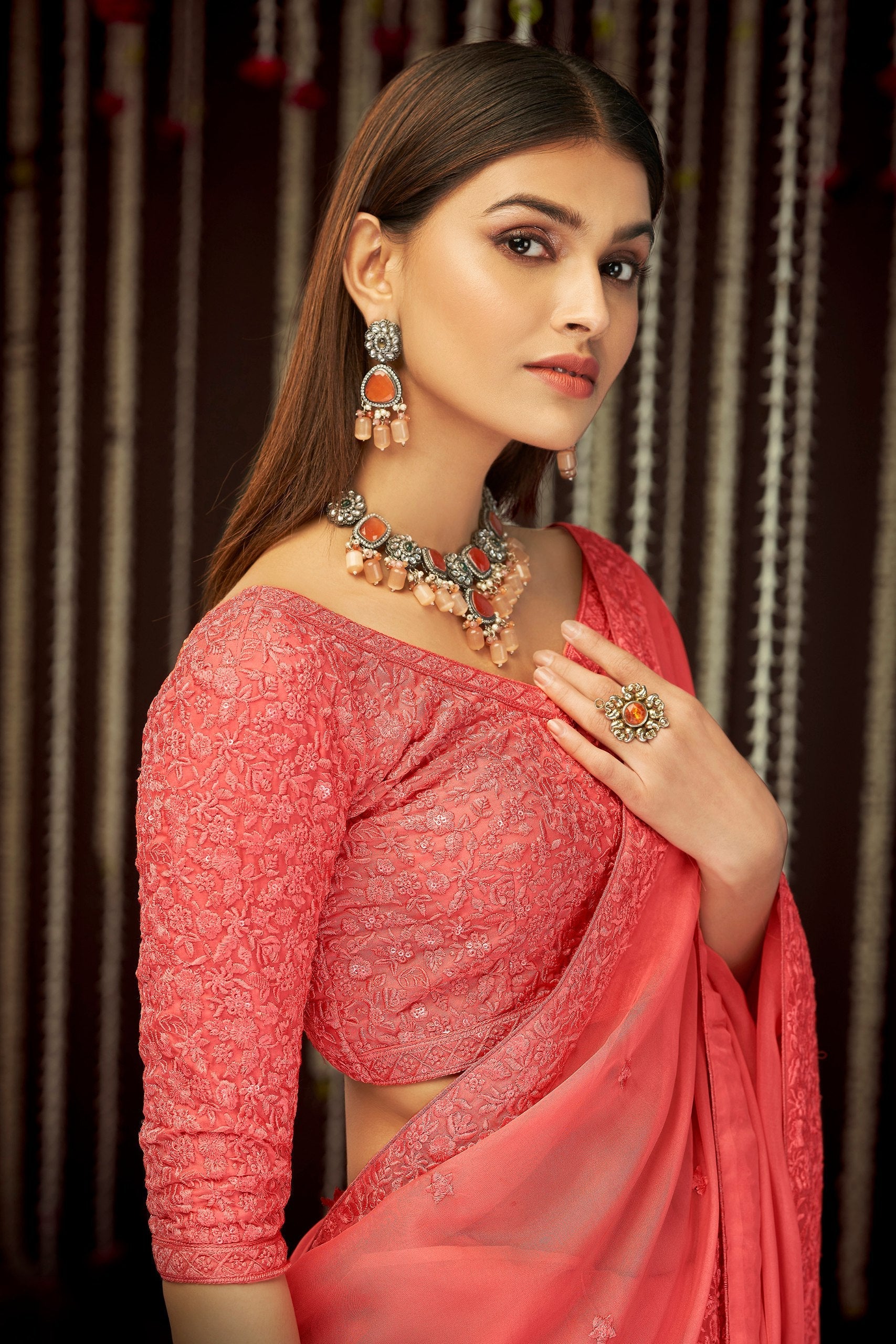 Pink Elegant Georgette Embroidered Saree with Sequins Work – Unstitched Blouse Included