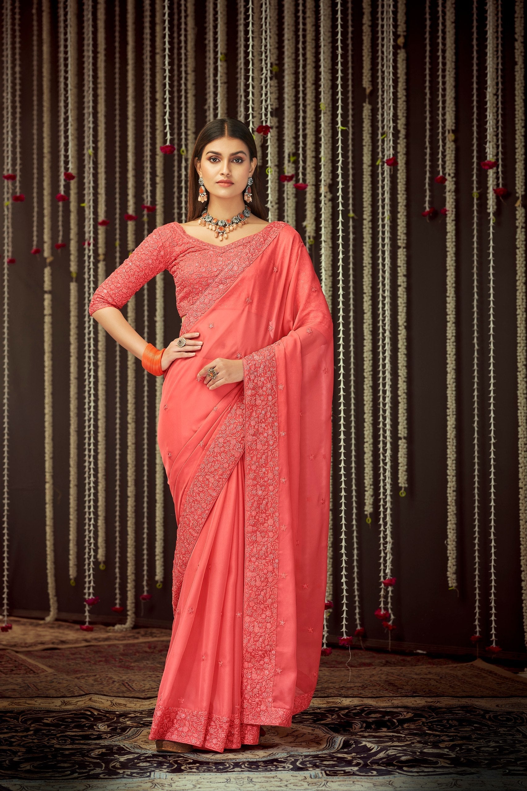 Pink Elegant Georgette Embroidered Saree with Sequins Work – Unstitched Blouse Included