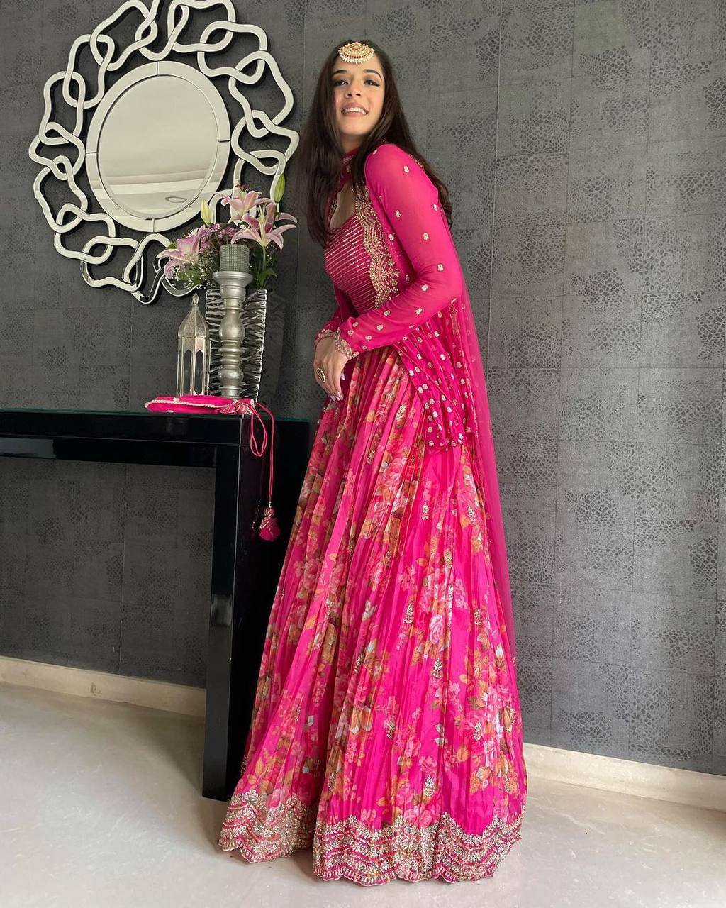 Pink Elegant Georgette Silk Lehenga Set – With Embroidered Koti