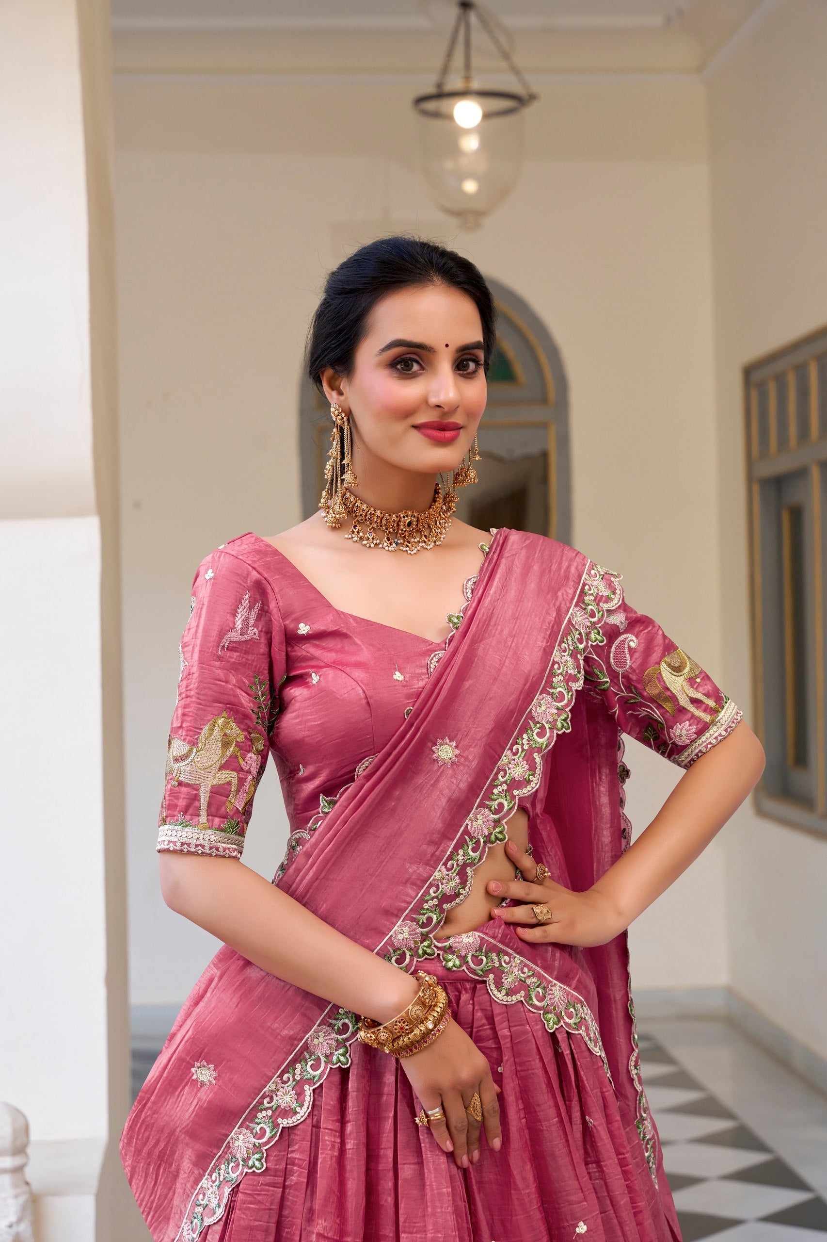 Pink Elegant Gold Crush Lehenga Set with Sequins & Thread Embroidery