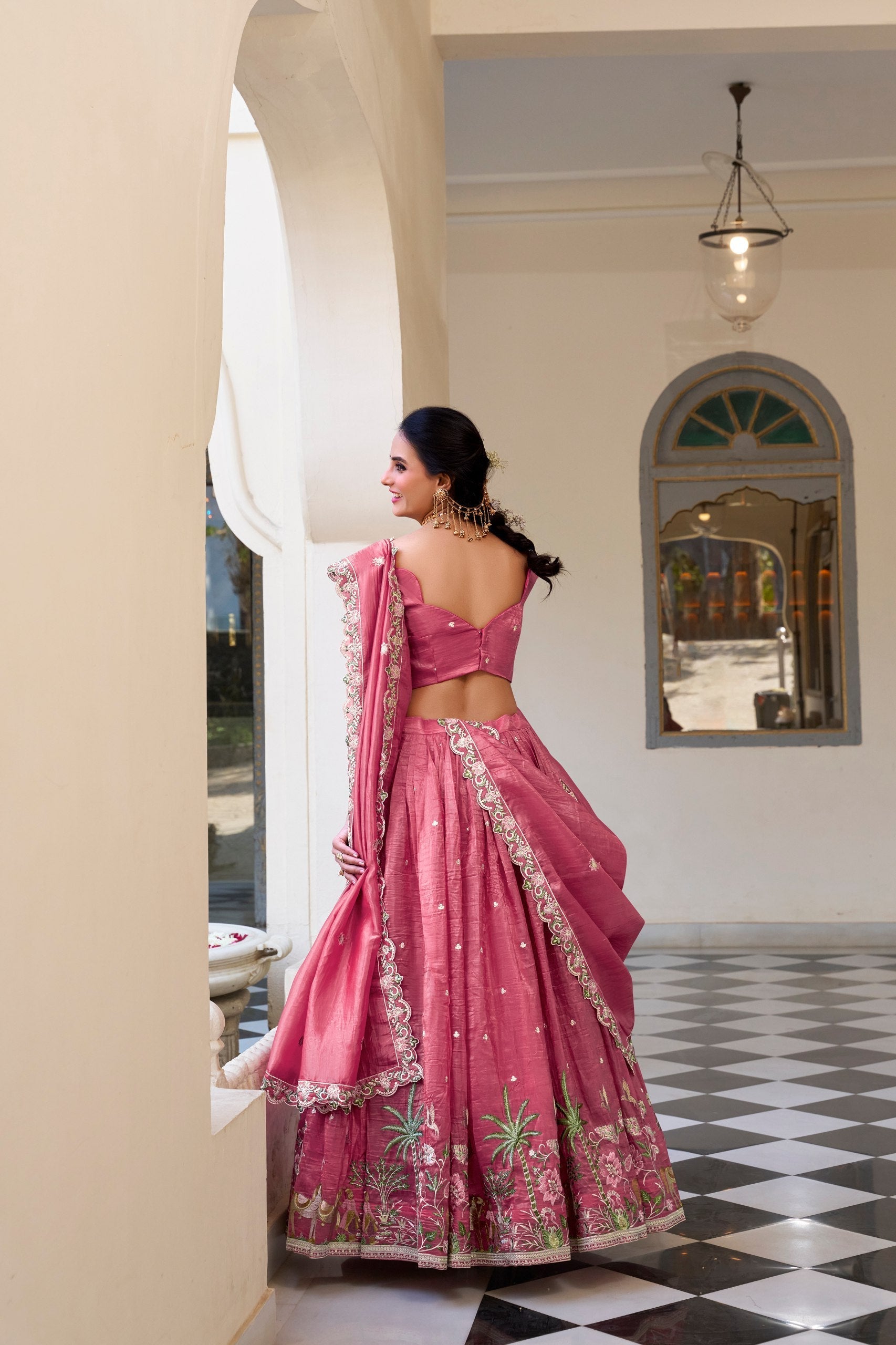 Pink Elegant Gold Crush Lehenga Set with Sequins & Thread Embroidery