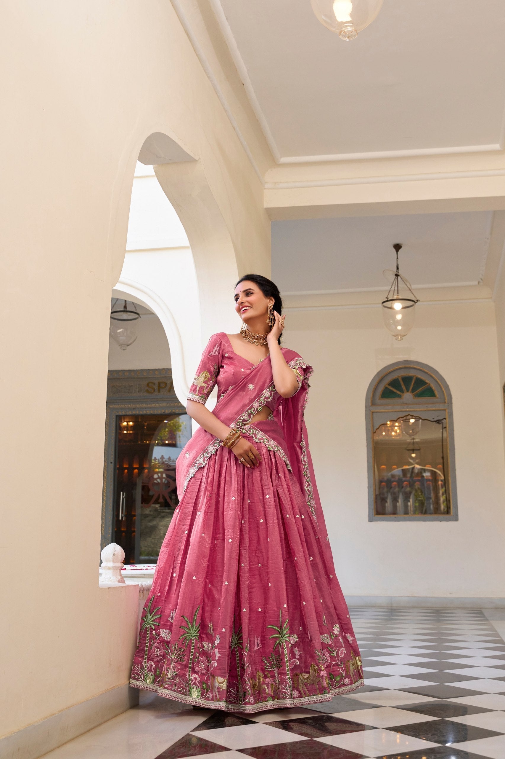 Pink Elegant Gold Crush Lehenga Set with Sequins & Thread Embroidery