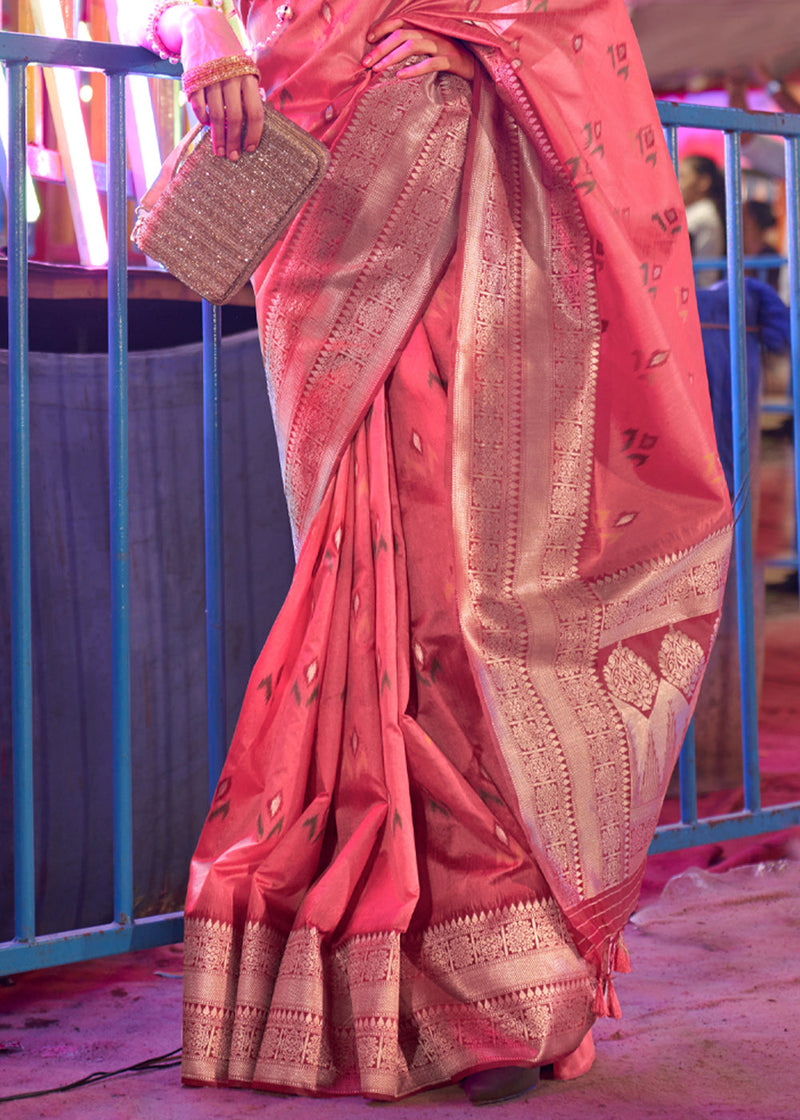 Pink Elegant Handloom Banarasi Silk Blend Saree with Woven Work & Blouse Piece