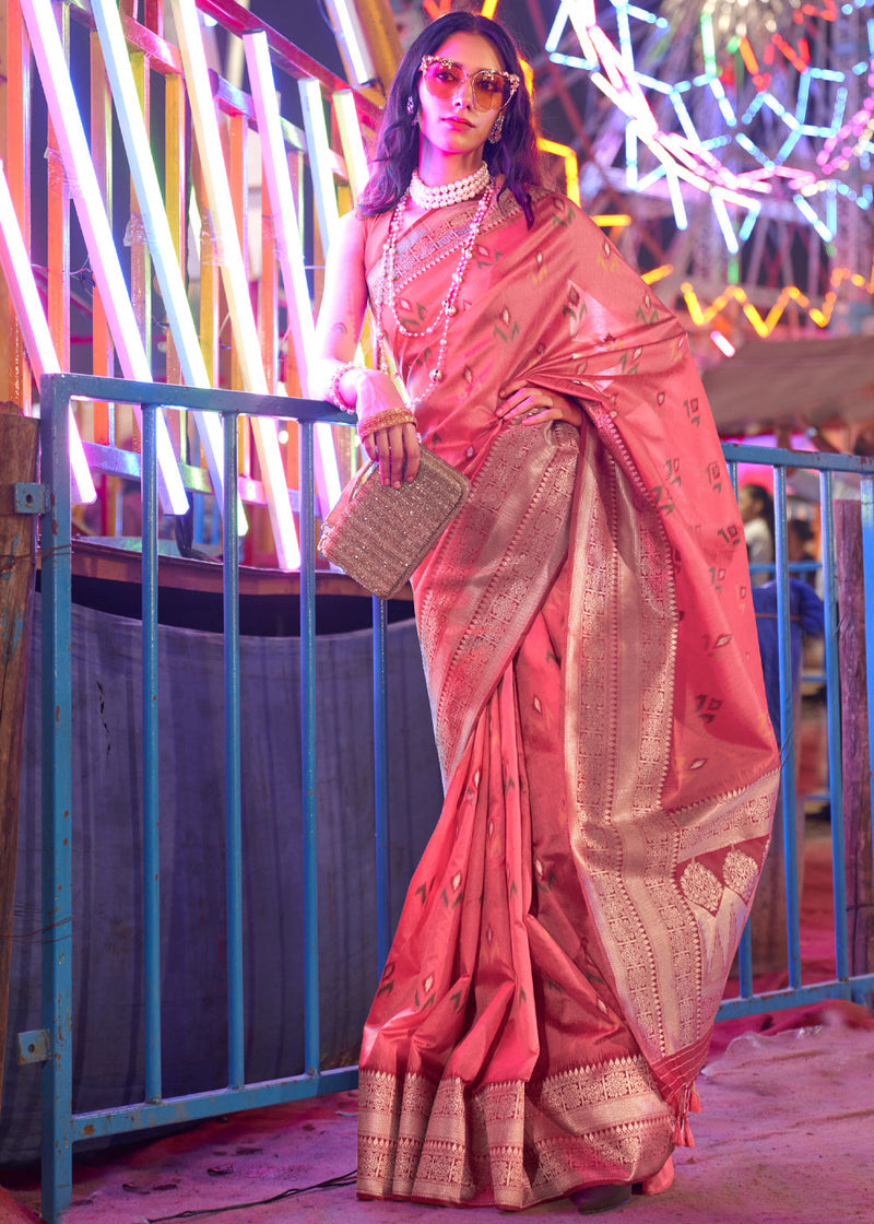 Pink Elegant Handloom Banarasi Silk Blend Saree with Woven Work & Blouse Piece