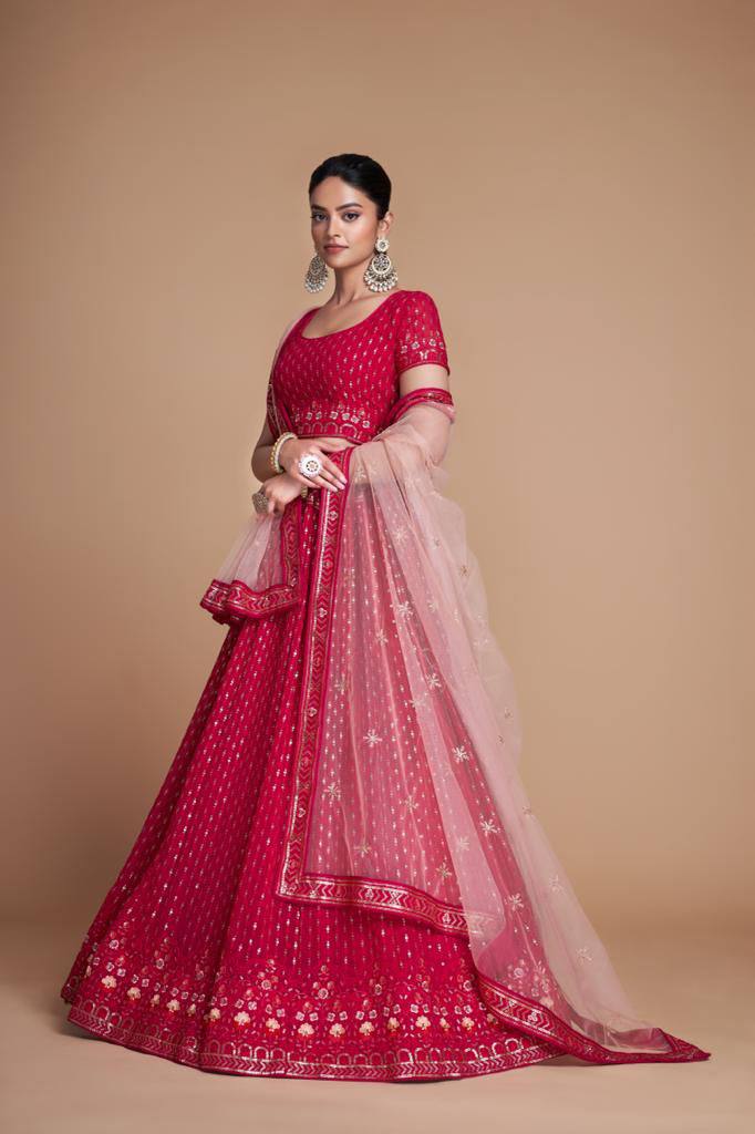 Pink Elegant Heavy Dola Jacquard Silk Lehenga Set with Embroidered Net Dupatta