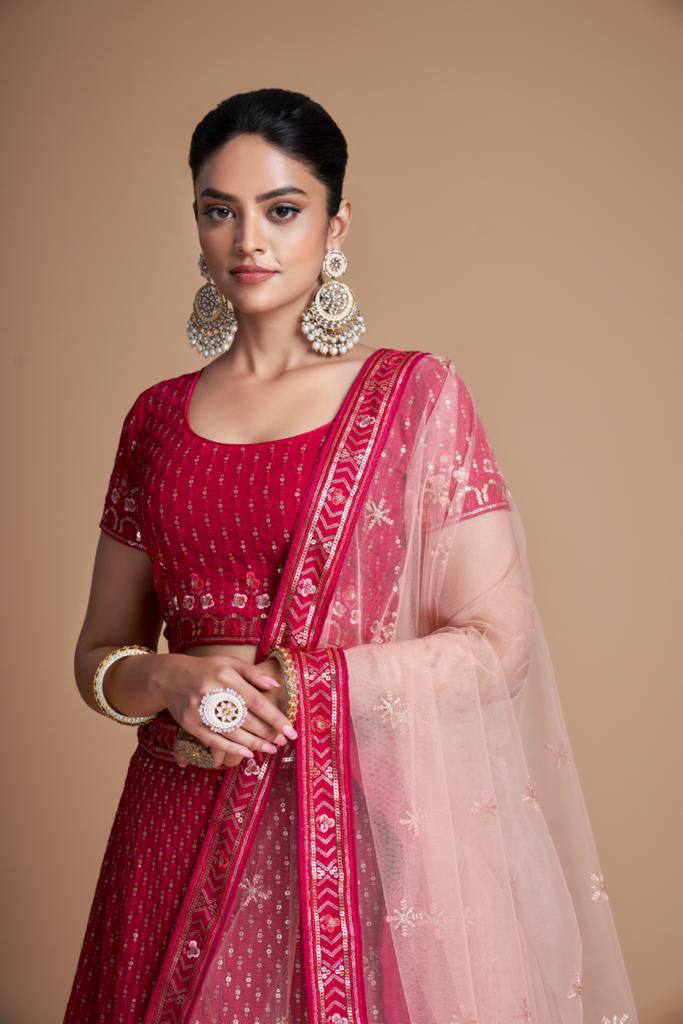 Pink Elegant Heavy Dola Jacquard Silk Lehenga Set with Embroidered Net Dupatta