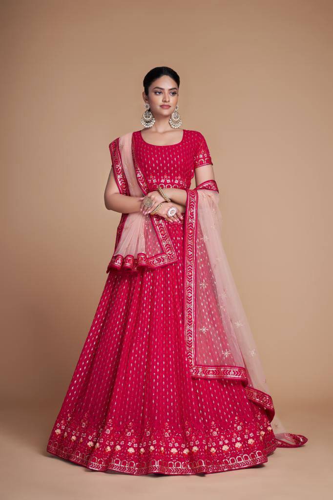 Pink Elegant Heavy Dola Jacquard Silk Lehenga Set with Embroidered Net Dupatta