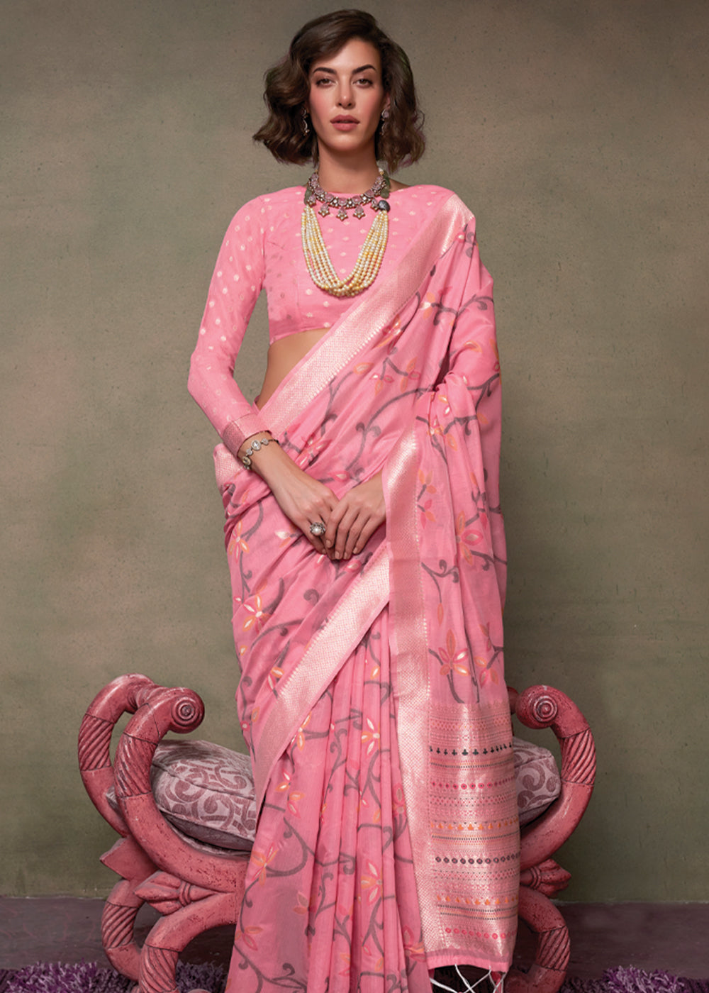 Pink Elegant Jamdani Modal Cotton Silk Saree – Timeless Weave with Intricate Motifs