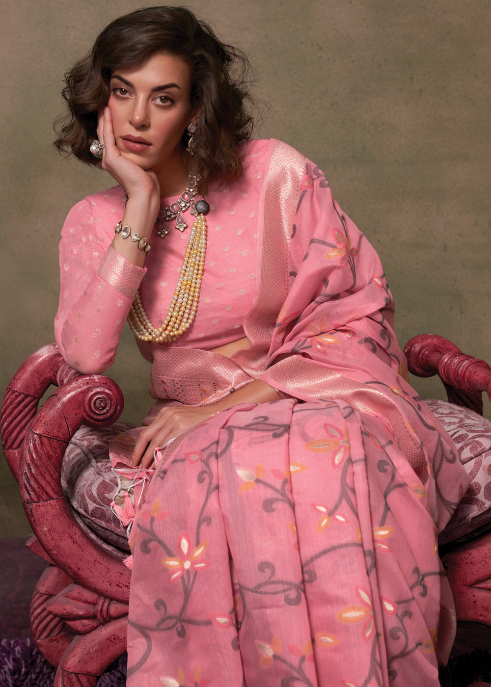Pink Elegant Jamdani Modal Cotton Silk Saree – Timeless Weave with Intricate Motifs