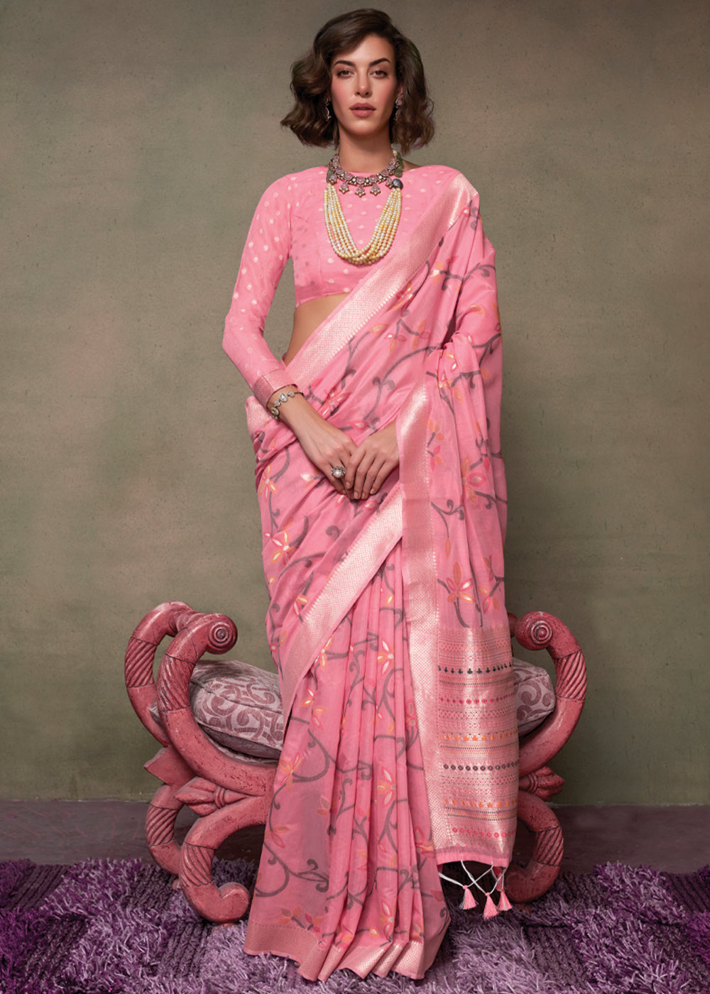 Pink Elegant Jamdani Modal Cotton Silk Saree – Timeless Weave with Intricate Motifs