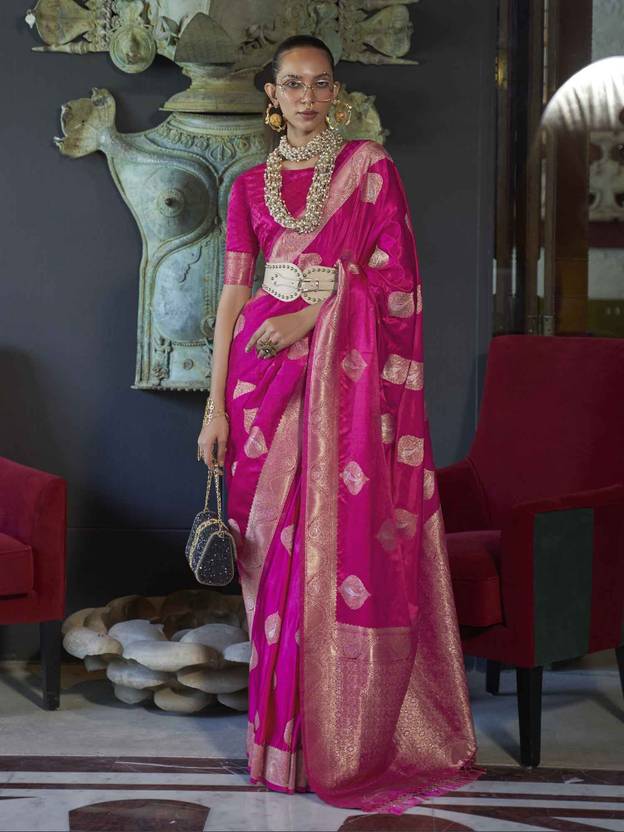 Pink Elegant Kanjivaram Silk Blend Saree with Unstitched Blouse Piece