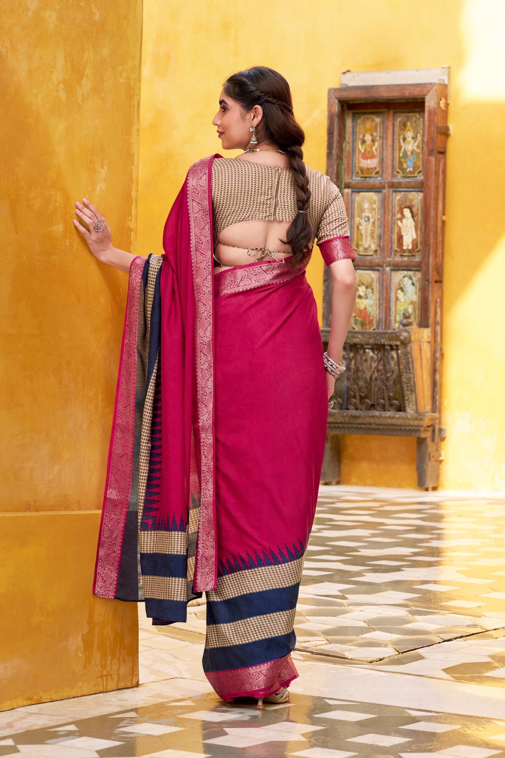 Pink Elegant Poly Cotton Saree with Printed & Zari Weaving Work
