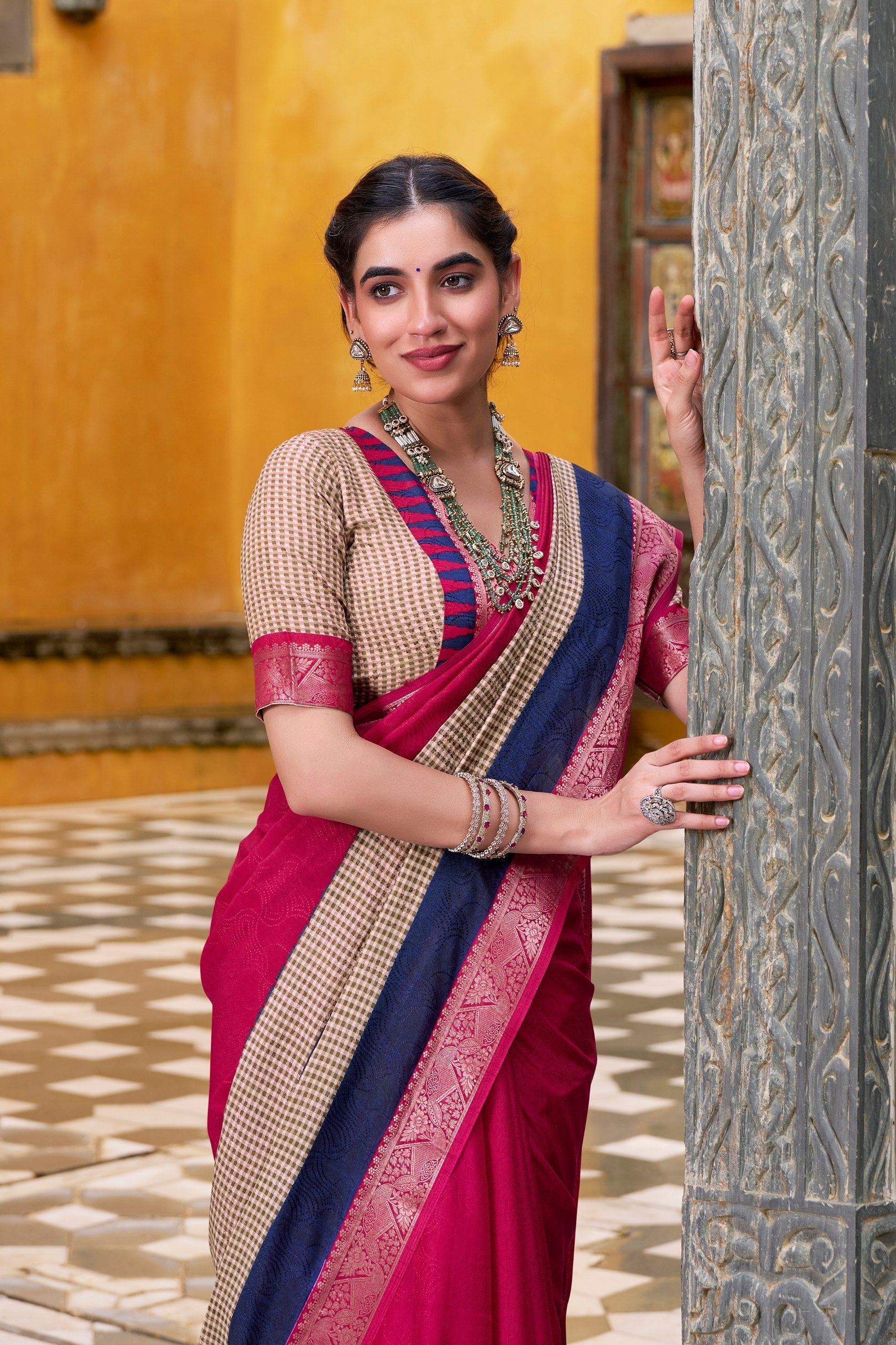 Pink Elegant Poly Cotton Saree with Printed & Zari Weaving Work