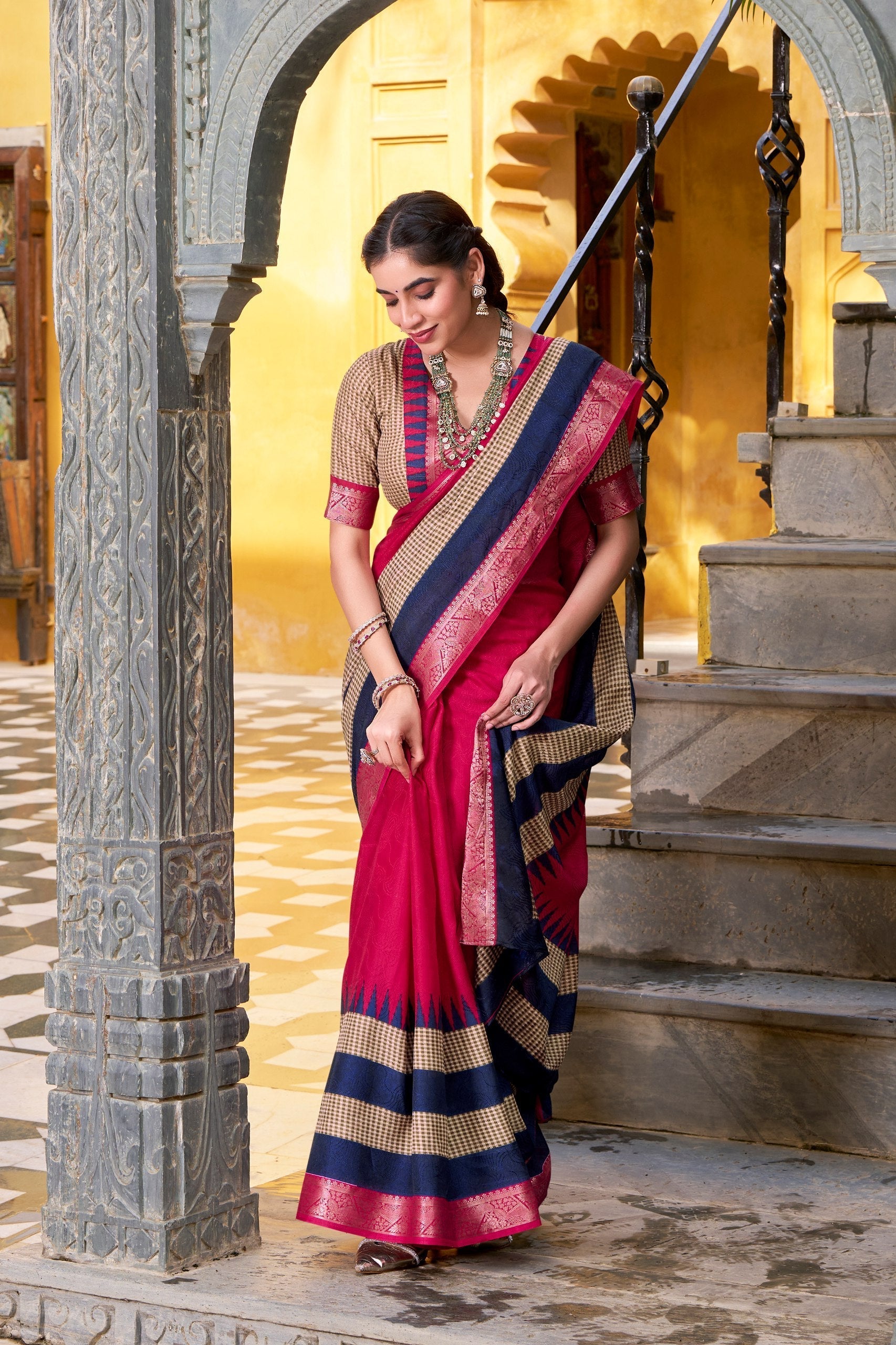 Pink Elegant Poly Cotton Saree with Printed & Zari Weaving Work