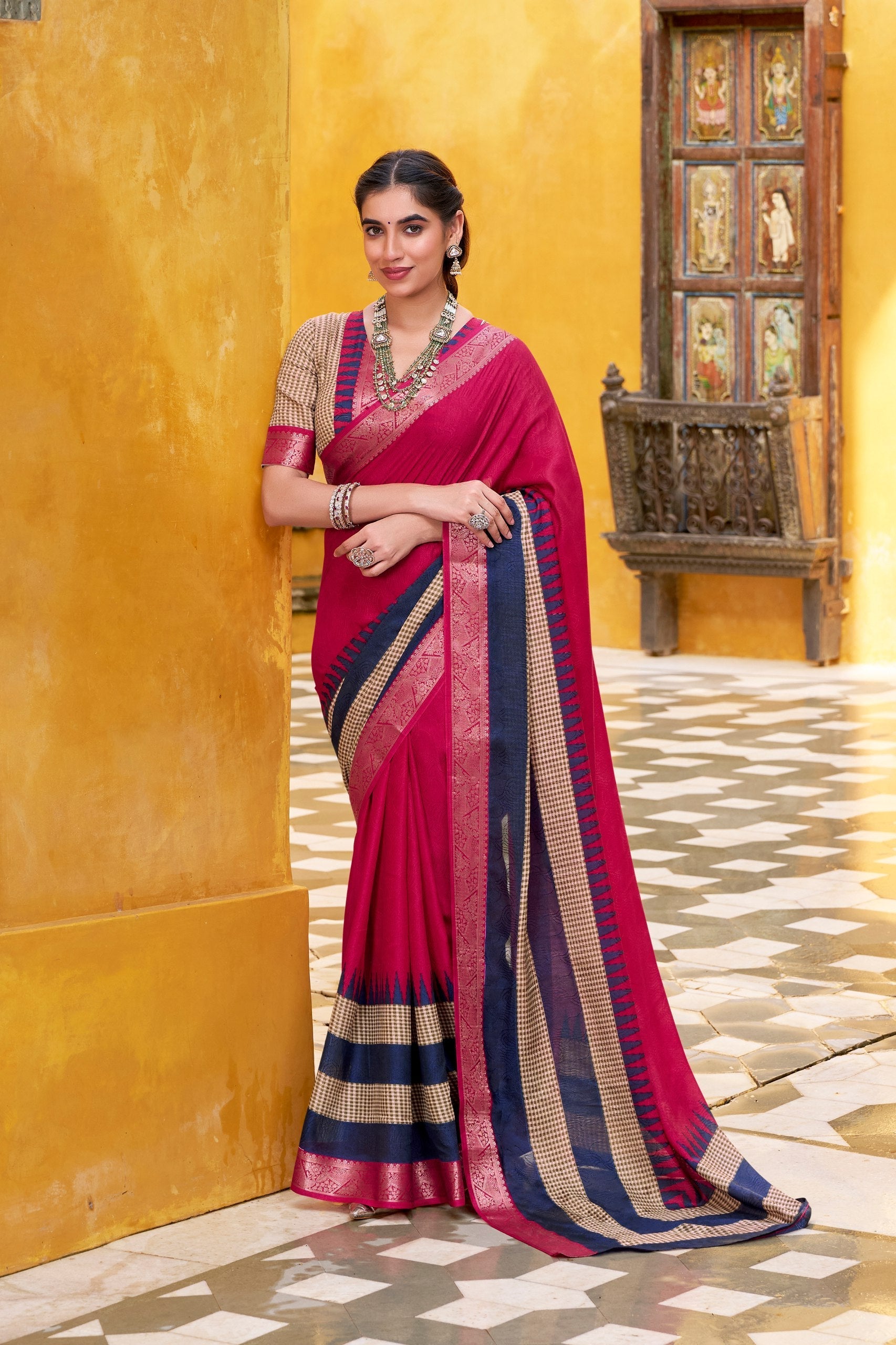 Pink Elegant Poly Cotton Saree with Printed & Zari Weaving Work