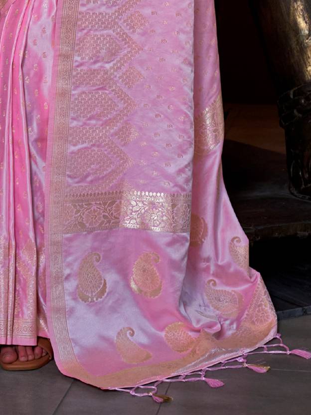 Pink Elegant Pure Satin Handloom Saree with Unstitched Blouse Piece