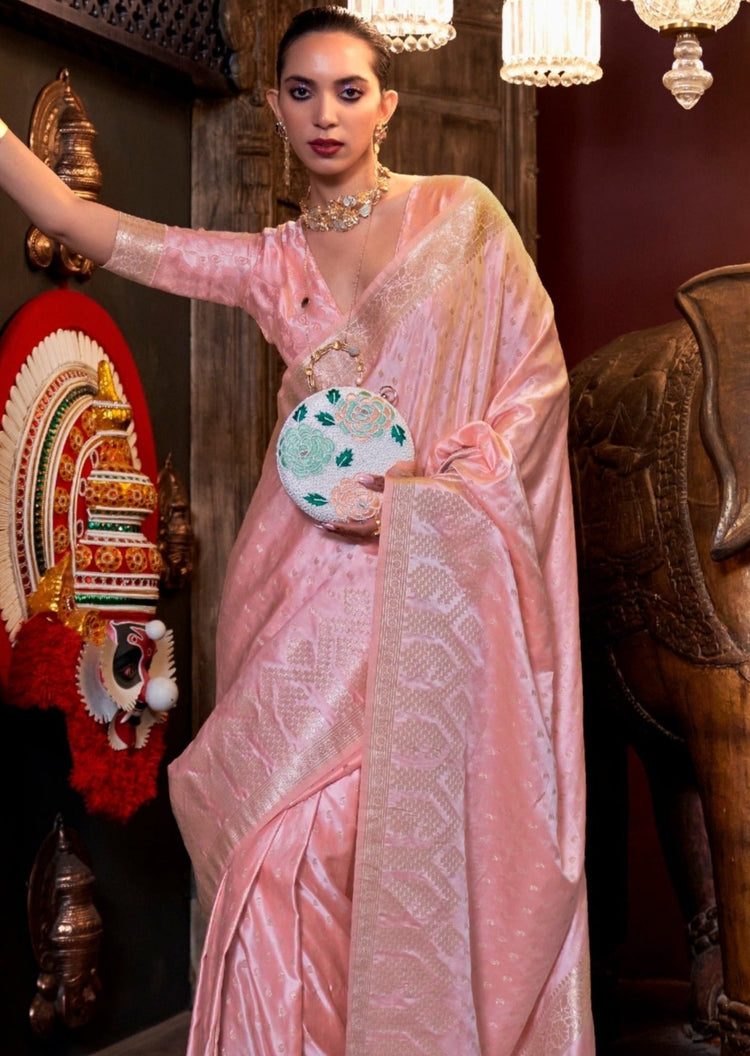 Pink Elegant Pure Satin Handloom Saree with Unstitched Blouse Piece