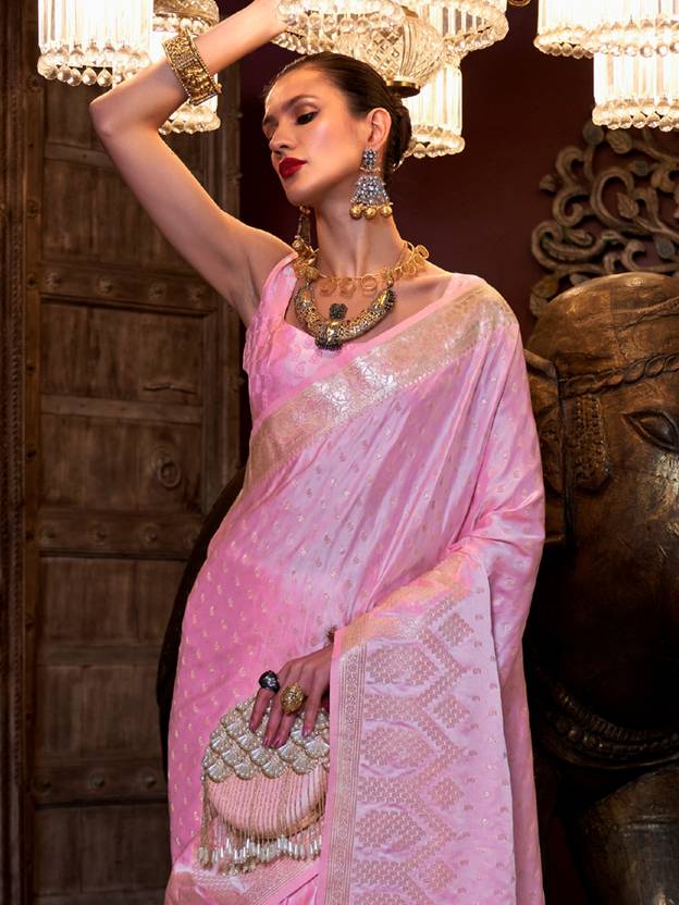 Pink Elegant Pure Satin Handloom Saree with Unstitched Blouse Piece