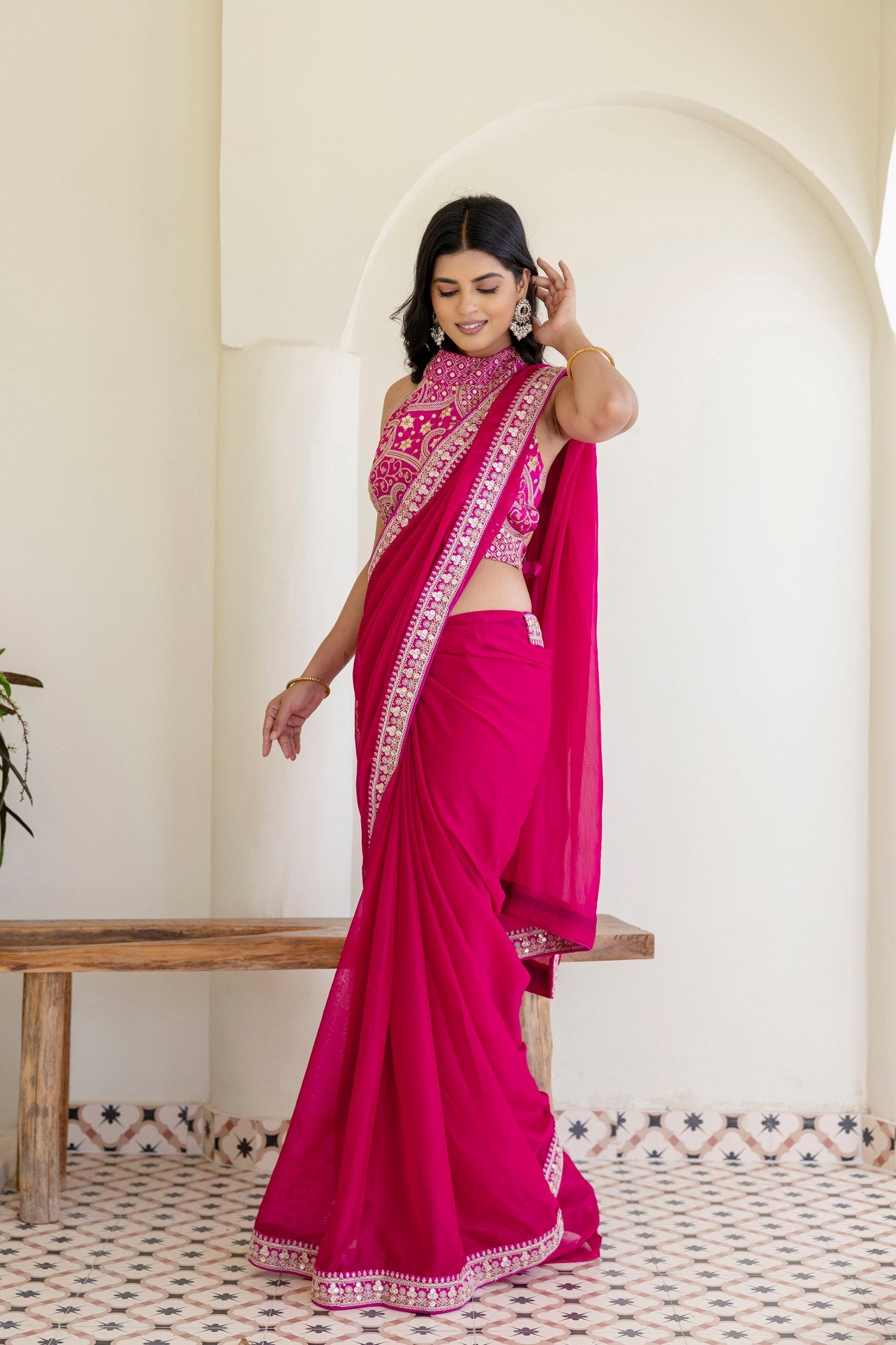 Pink Elegant Rangoli Silk Saree with Cording Embroidery & Double Sequins Work