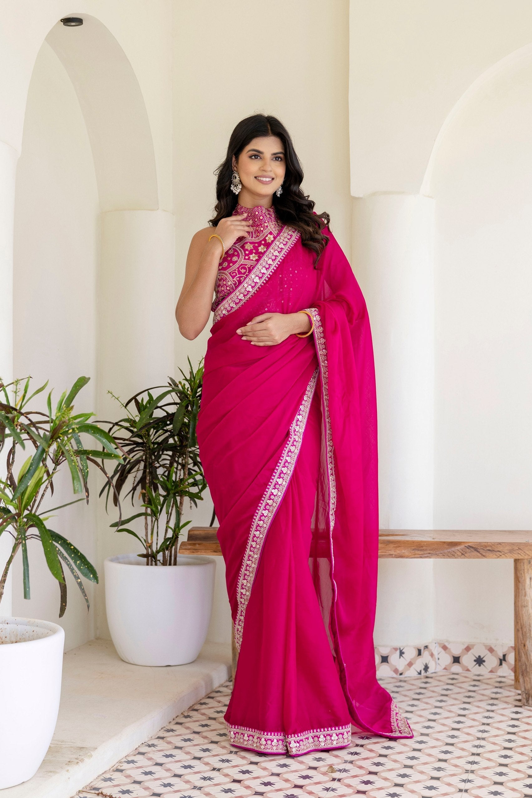 Pink Elegant Rangoli Silk Saree with Cording Embroidery & Double Sequins Work