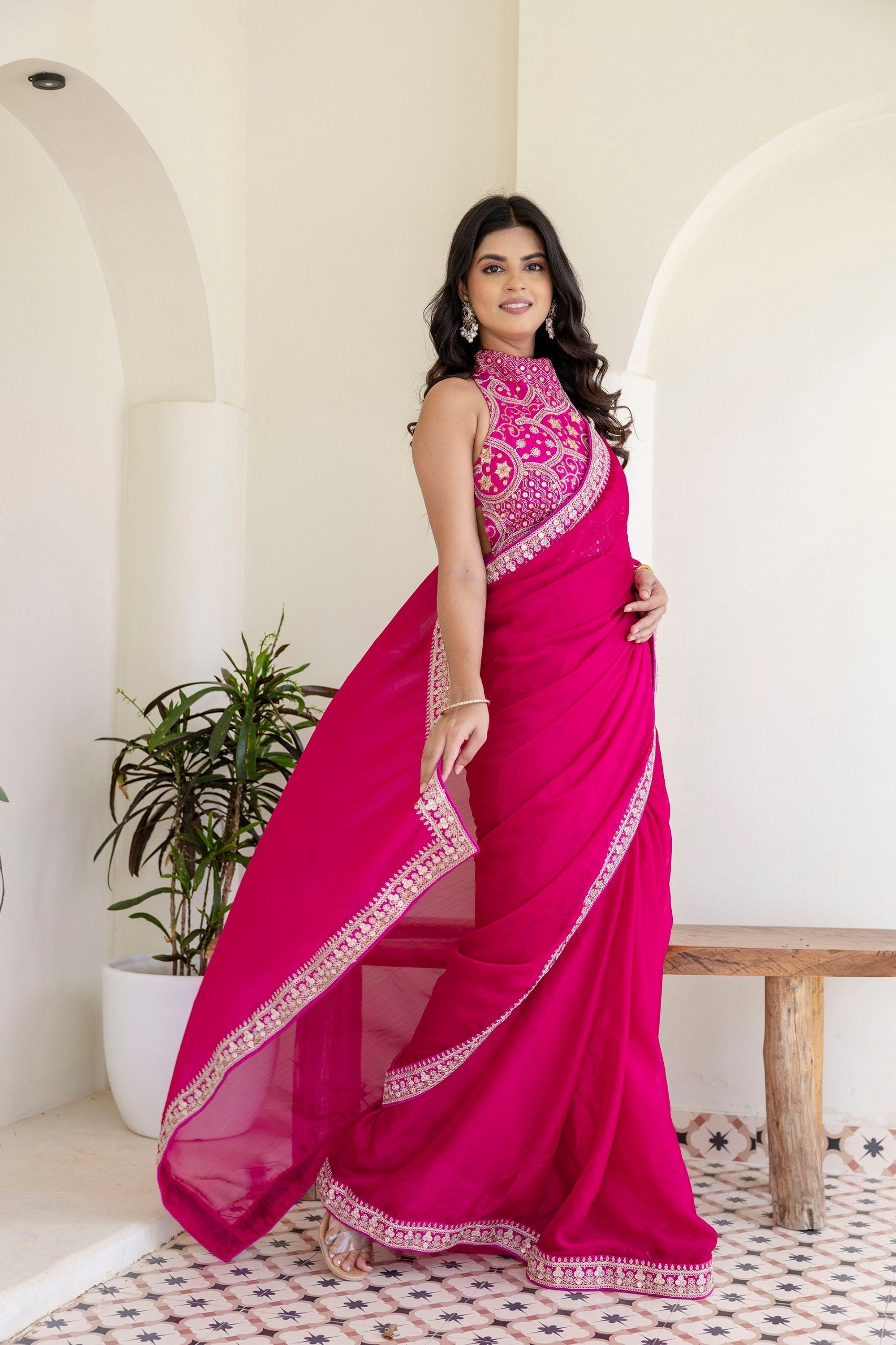 Pink Elegant Rangoli Silk Saree with Cording Embroidery & Double Sequins Work
