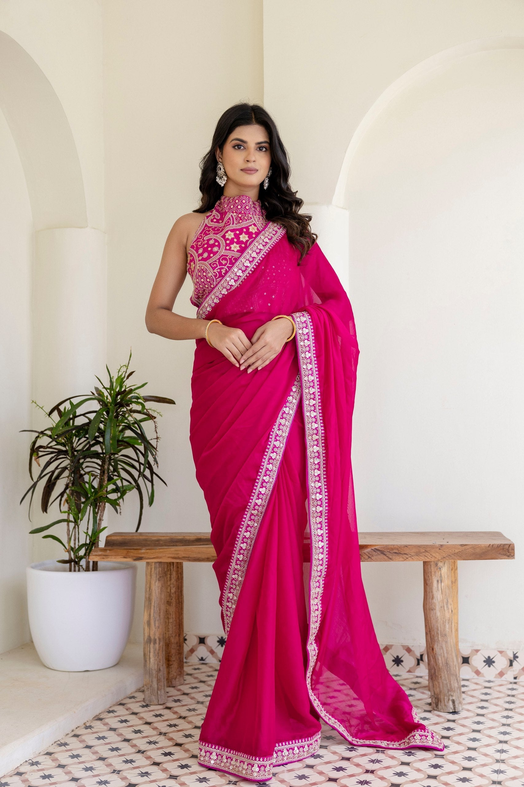 Pink Elegant Rangoli Silk Saree with Cording Embroidery & Double Sequins Work